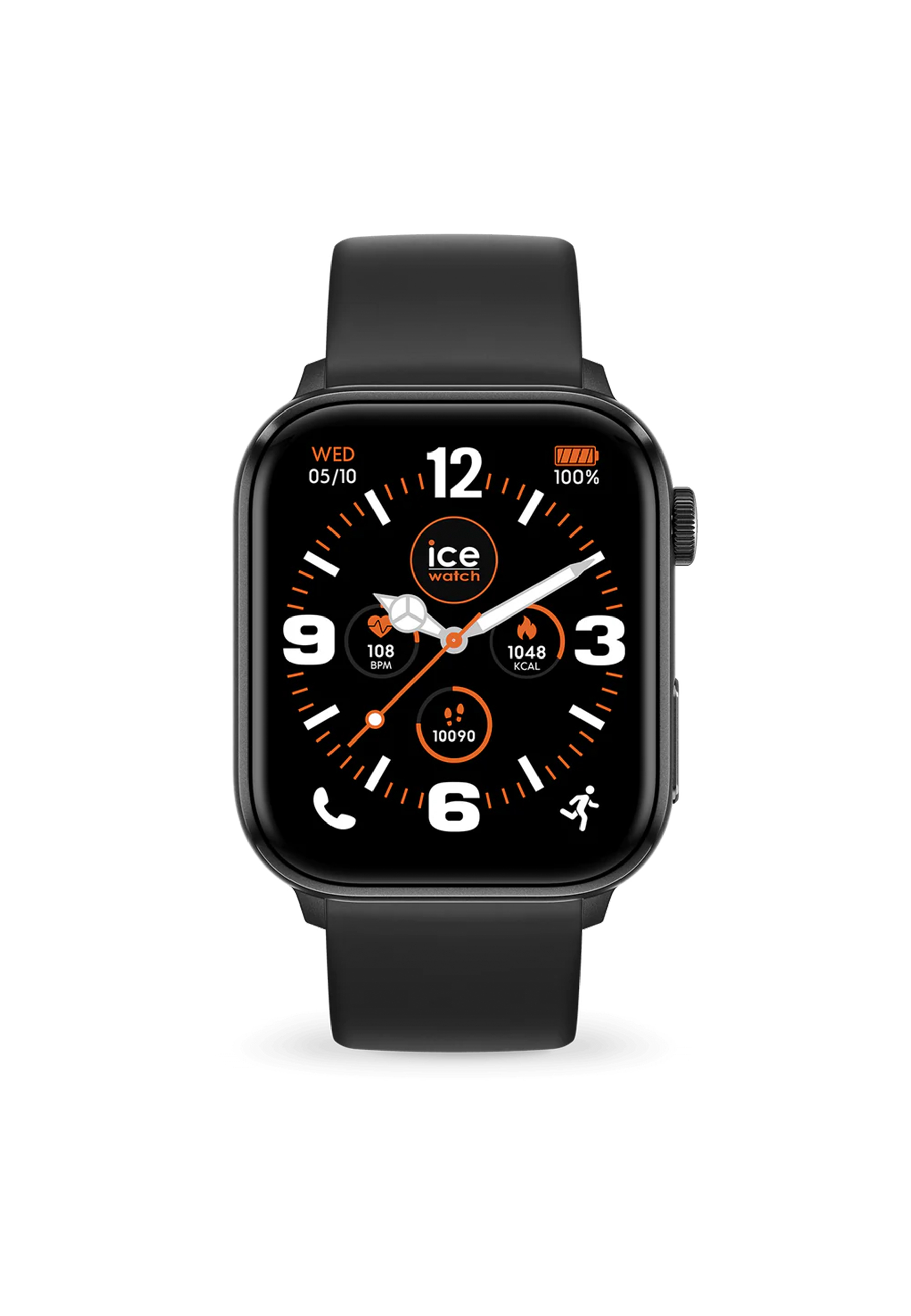 Eine schwarze Smartwatch mit schwarzem Armband, die Zeit, Datum und Gesundheitsmetriken anzeigt.