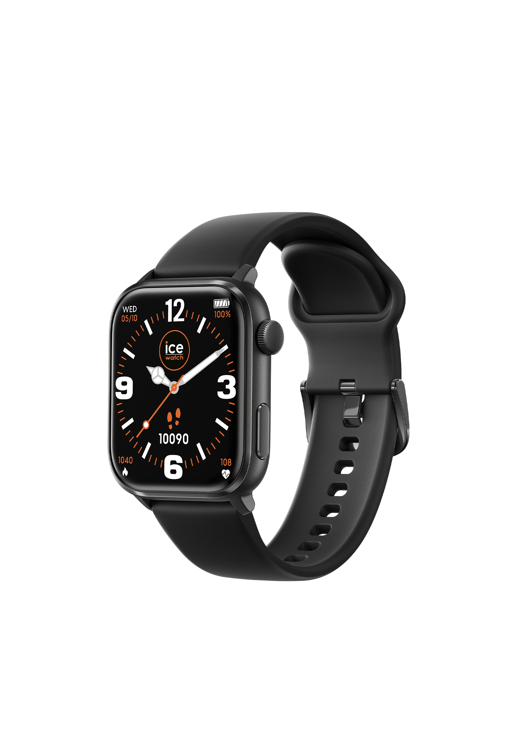 Schwarze Smartwatch mit quadratischem Zifferblatt. Die Uhr zeigt die Uhrzeit und Gesundheitsdaten.
