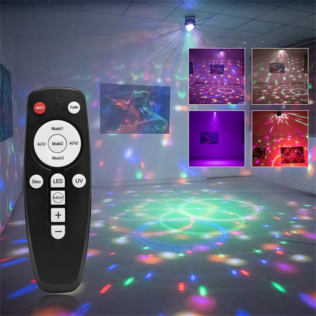 Schwarze Fernbedienung mit Farblichtprojektionen an Wand und Boden. Text: Disco, LED, UV, Musik.