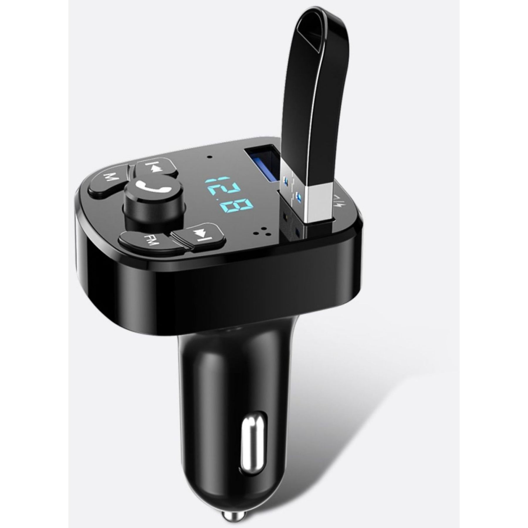Schwarzes Autoladegerät mit USB-Anschluss und Digitalanzeige.