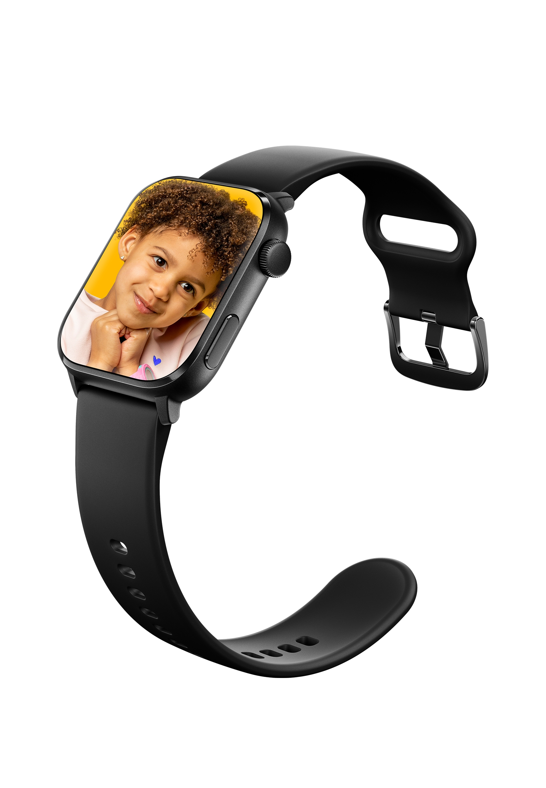 Schwarze Smartwatch mit schwarzem Armband. Der Bildschirm zeigt ein Foto eines lächelnden Mädchens.