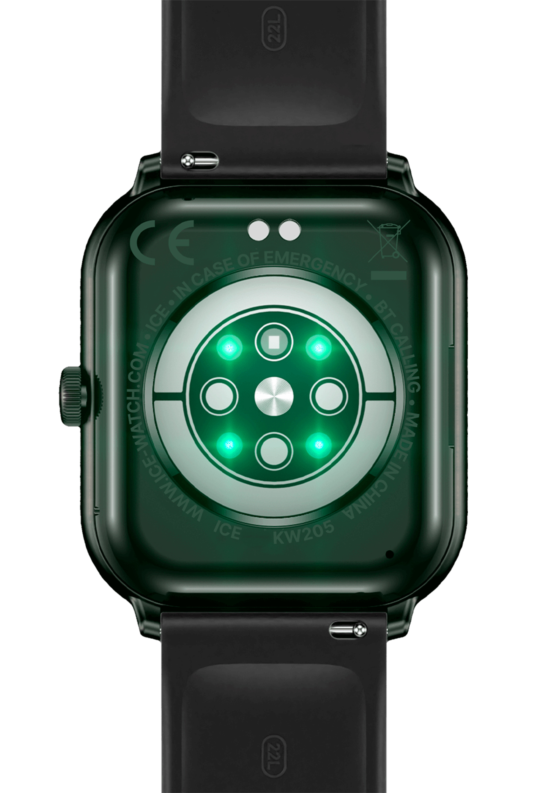 Rückansicht der Smartwatch. Dunkelgrün, mit Sensoren und schwarzem Armband. Text: www.icewatch.com, KW205, BT Calling, CE.
