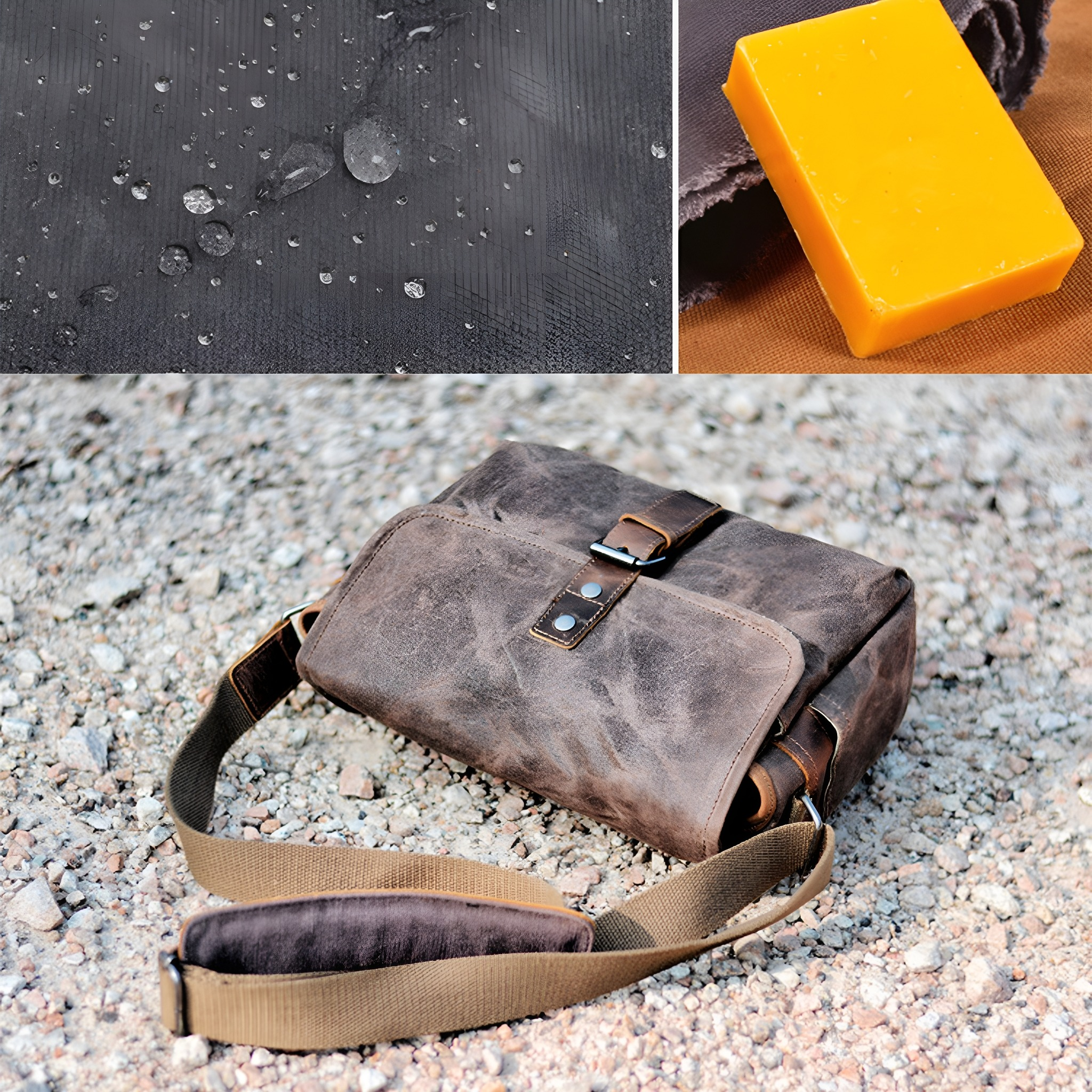 Oben: Wassertropfen auf schwarzem Stoff. Rechts: Gelbes Seifenstück. Unten: Braune Ledertasche auf Steinen.