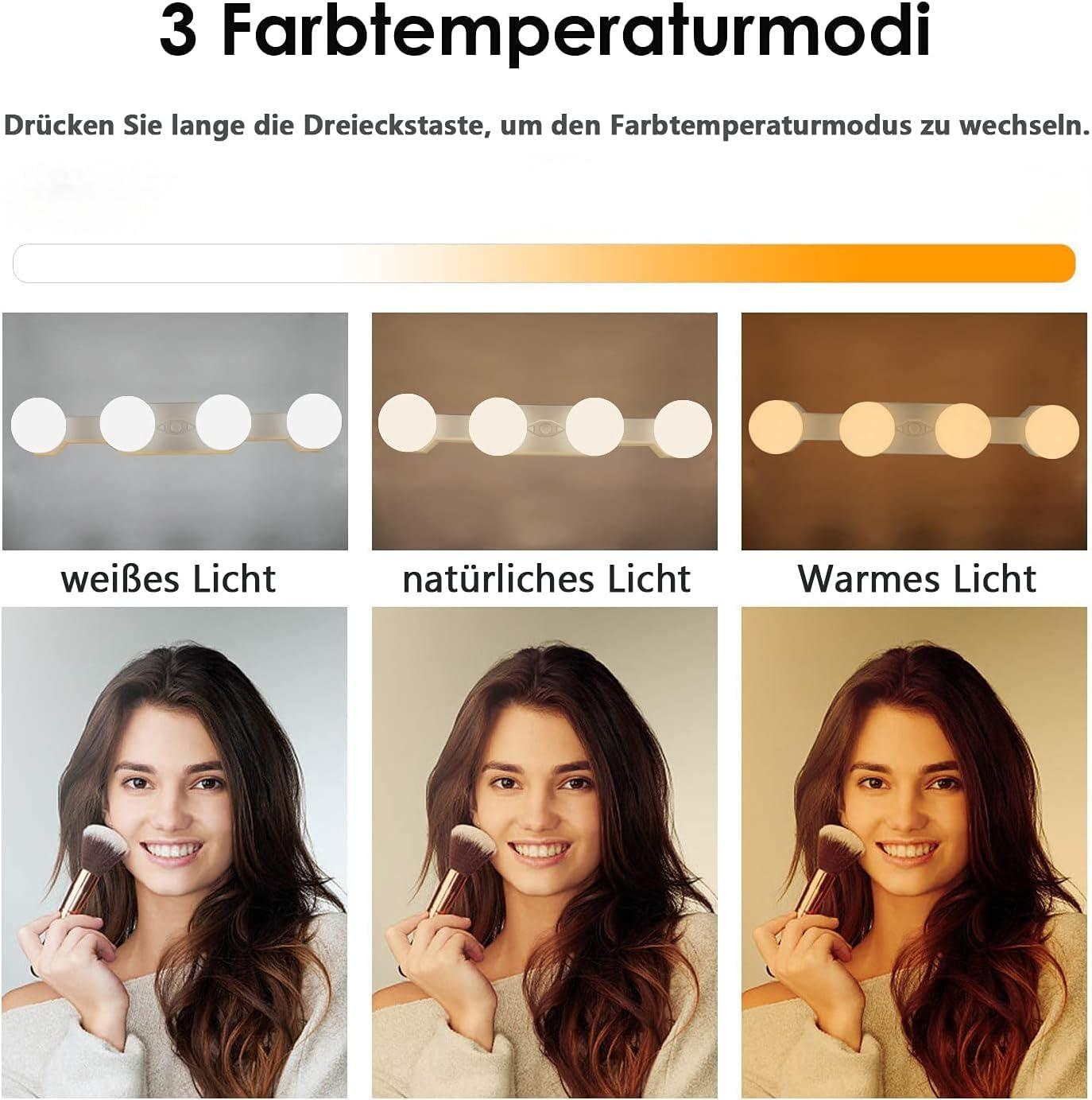 Drei Bilder zeigen unterschiedliche Lichtfarben und Frauen mit Make-up-Pinsel, beschriftet auf Deutsch.
