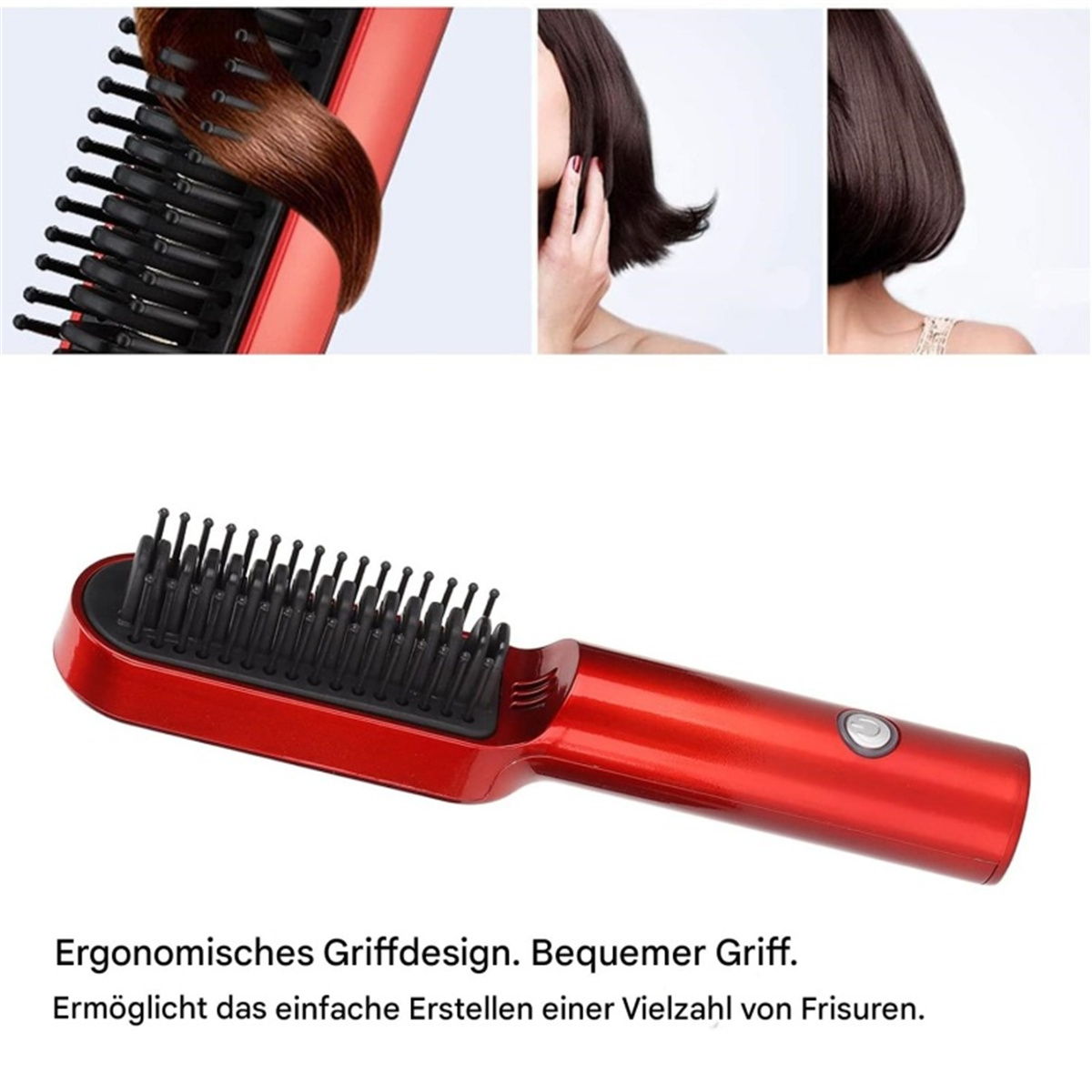Rote Haarglättungsbürste mit drei Frisurenbeispielen.
