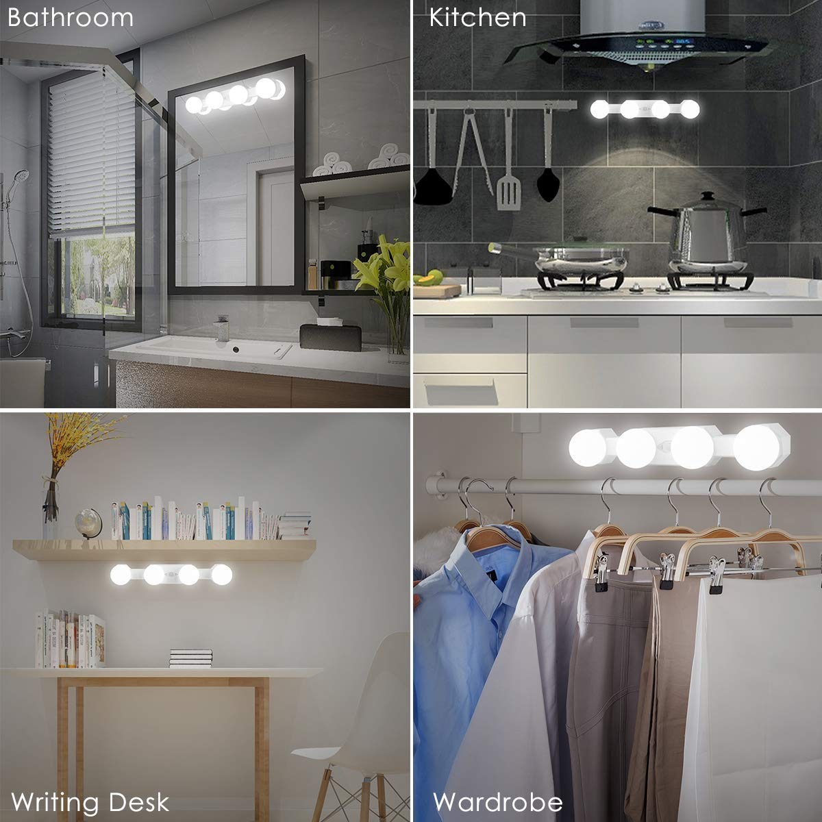 Vier Bilder einer Leuchte in verschiedenen Umgebungen: Badezimmer, Küche, Schreibtisch und Kleiderschrank.