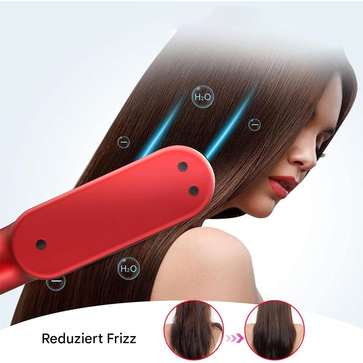 Eine Frau stylt ihre Haare mit einem roten Glätteisen; zwei Bilder zeigen vorher und nachher.