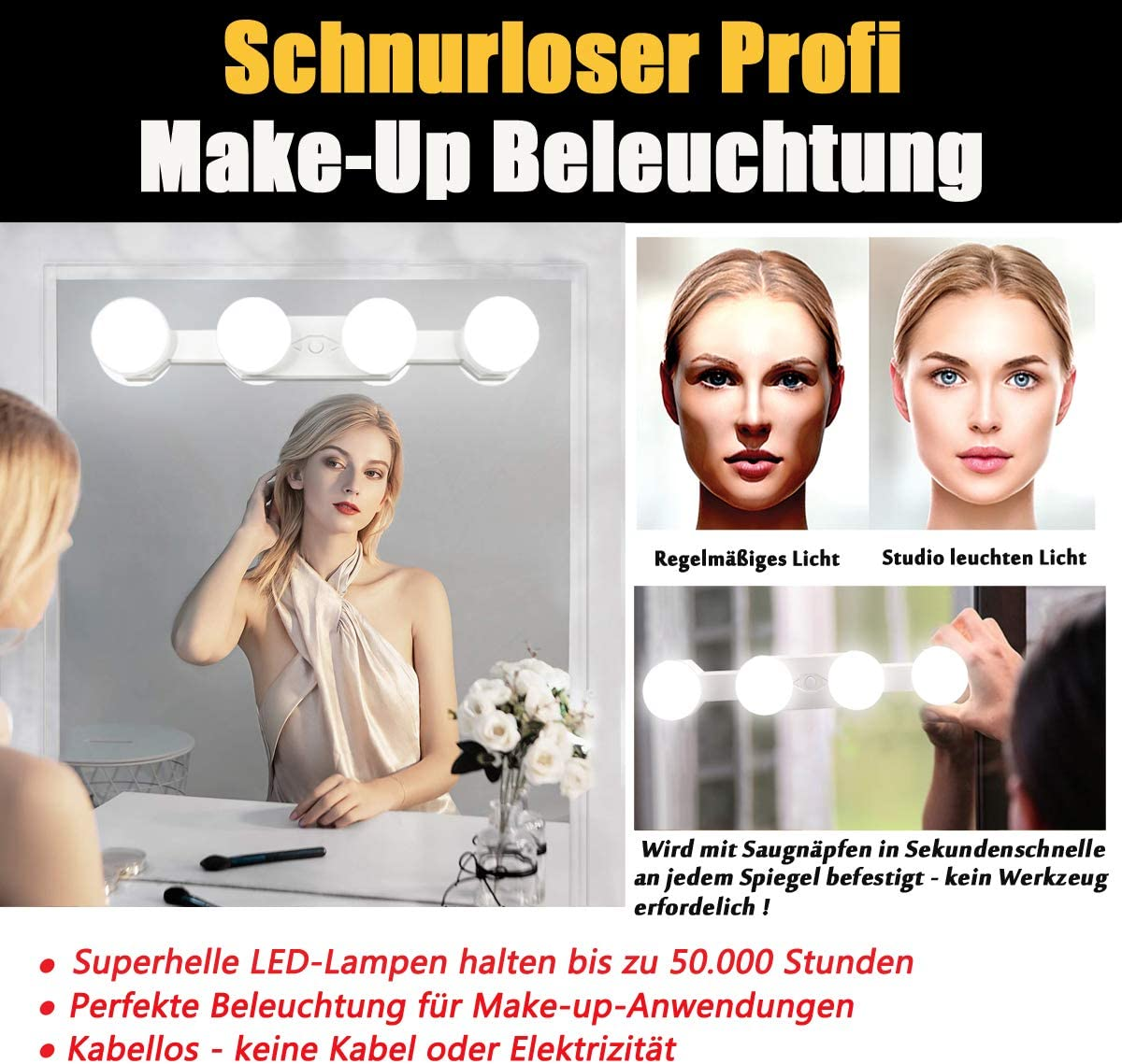 Eine Frau betrachtet ihr Spiegelbild mit einer Make-up-Leuchte. Text auf dem Bild in Deutsch.