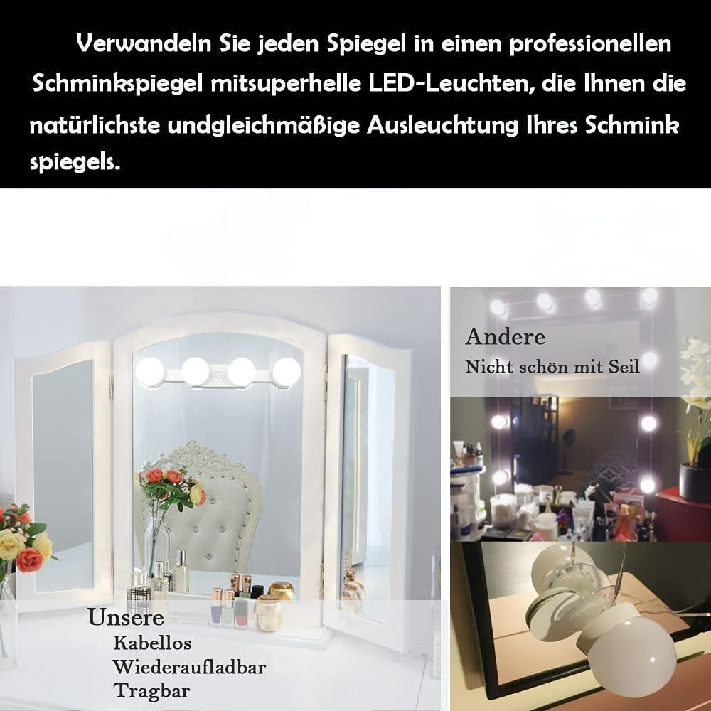 Weißer Schminkspiegel mit Lichtern, der Reflexionen von Make-up-Produkten zeigt.