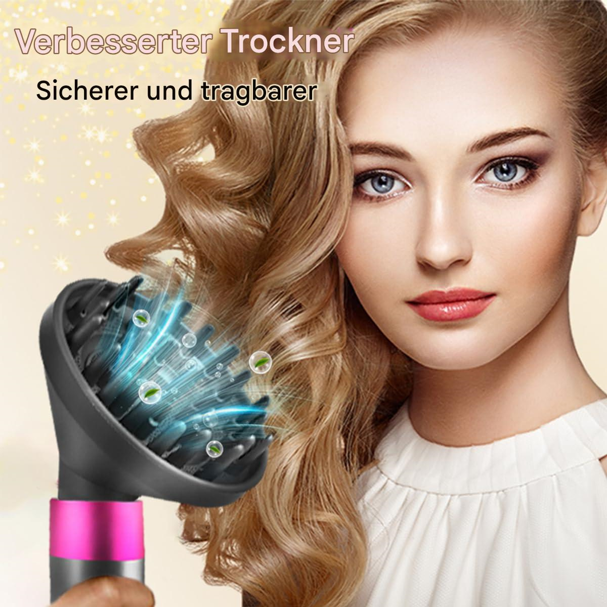 Frau mit blonden Haaren benutzt einen Haartrockner mit rosa und schwarzem Design.