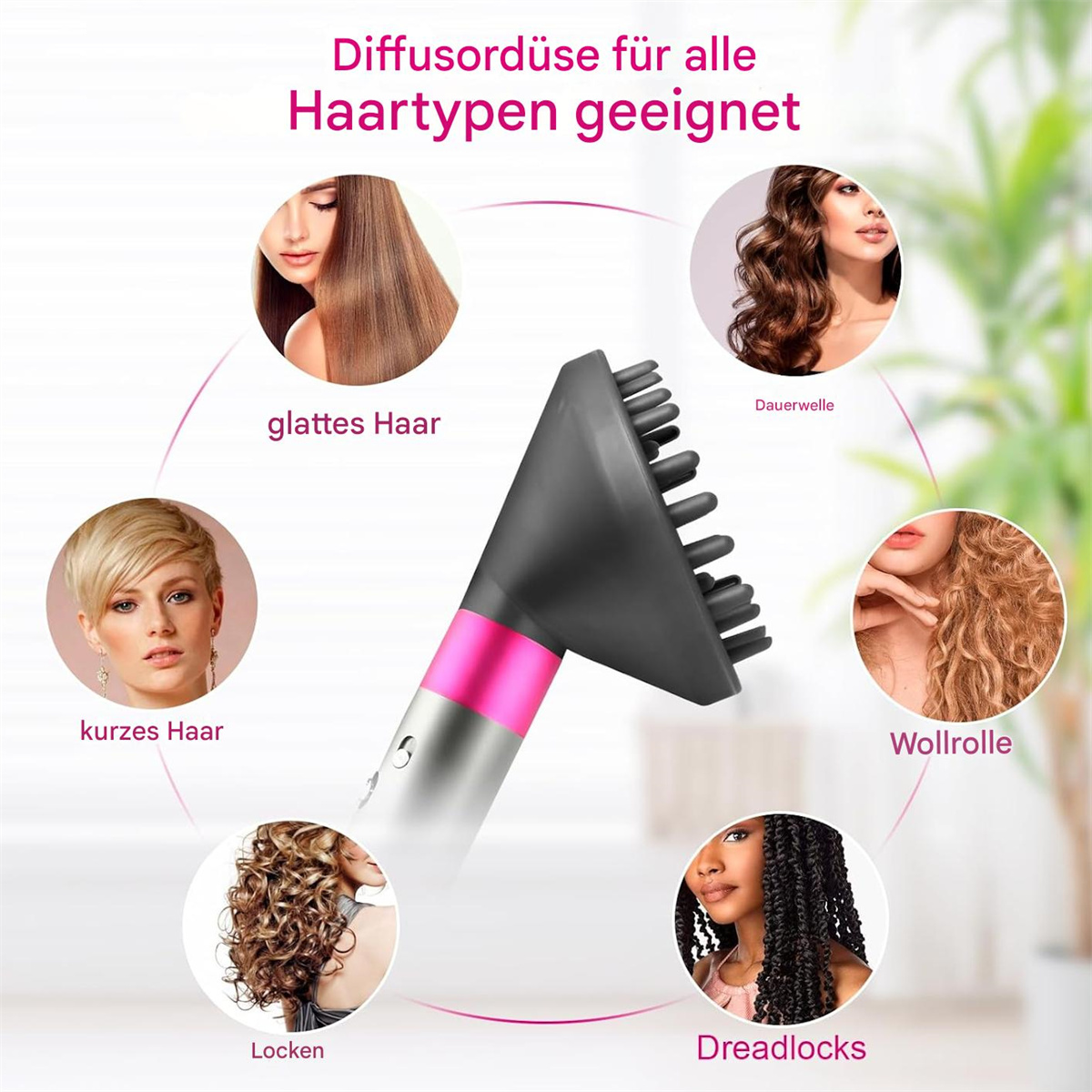 Haartrockner mit verschiedenen Haartypen in Kreisen darum.