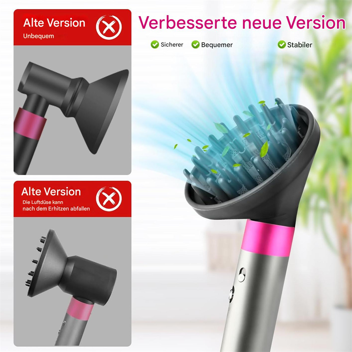 Vergleich von zwei Haartrockneraufsätzen, einer alt und einer verbessert.