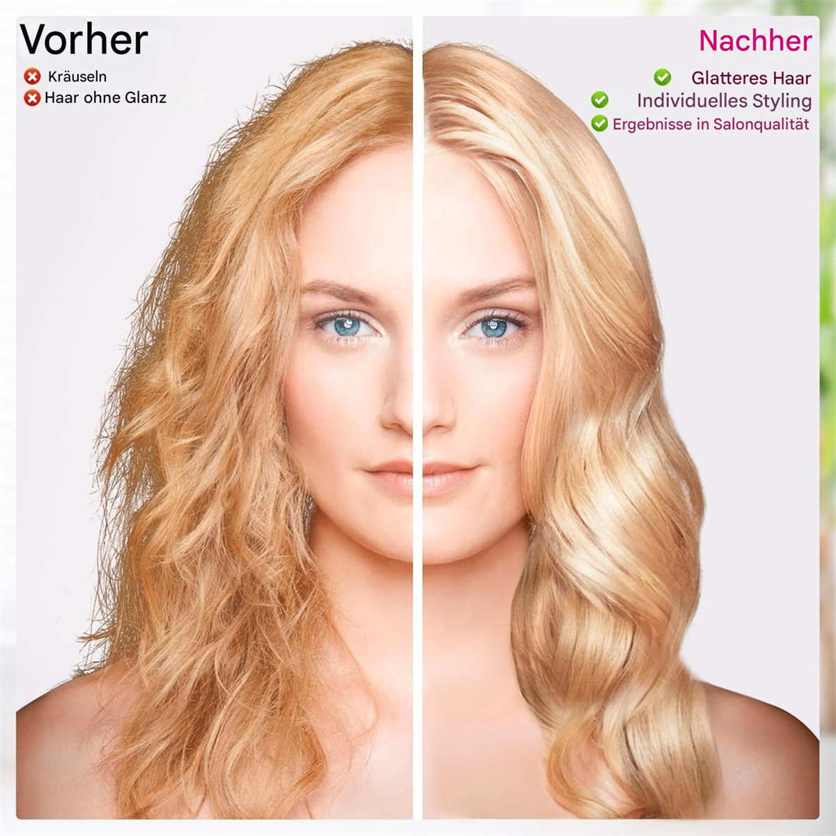 Vorher-Nachher-Bild der Haare einer Frau, das krauses Haar vorher und gestylt nachher zeigt.