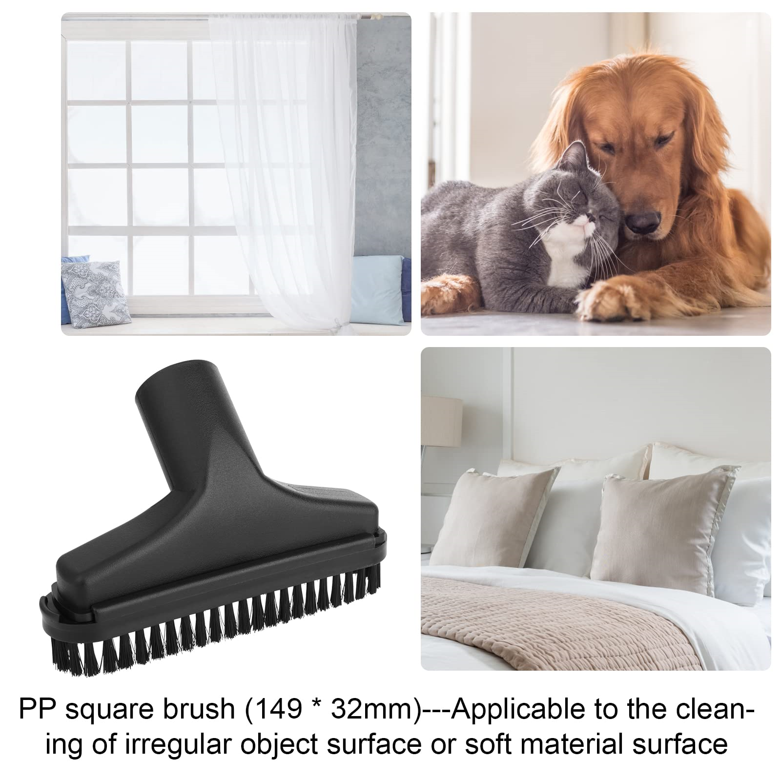 Vier Bilder: Fenster mit Vorhängen, Hund und Katze, schwarze Staubsaugerbürste und ein Bett mit Kissen.