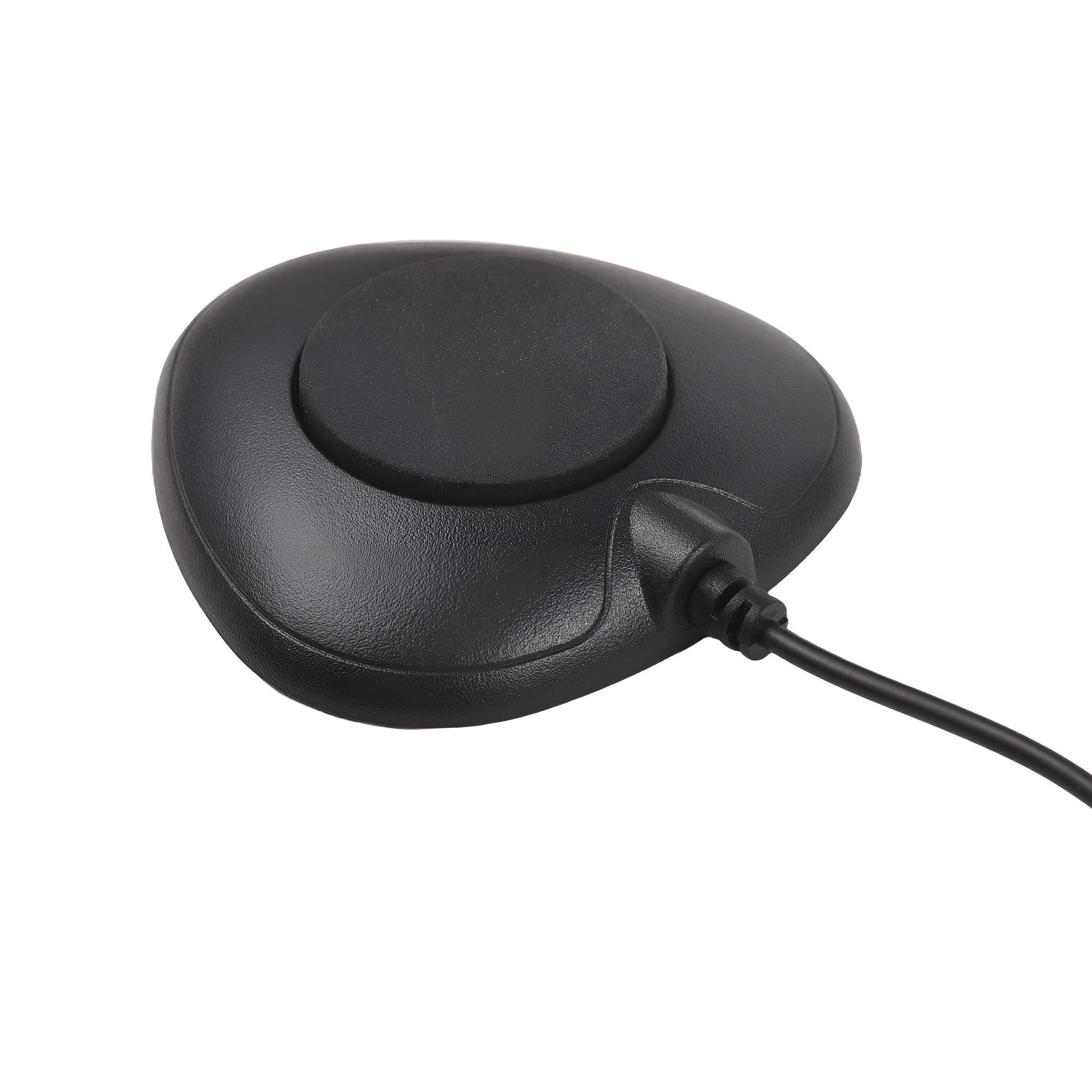 Schwarzes, oval geformtes Gerät mit Kabel. Es befindet sich auf weißem Hintergrund.