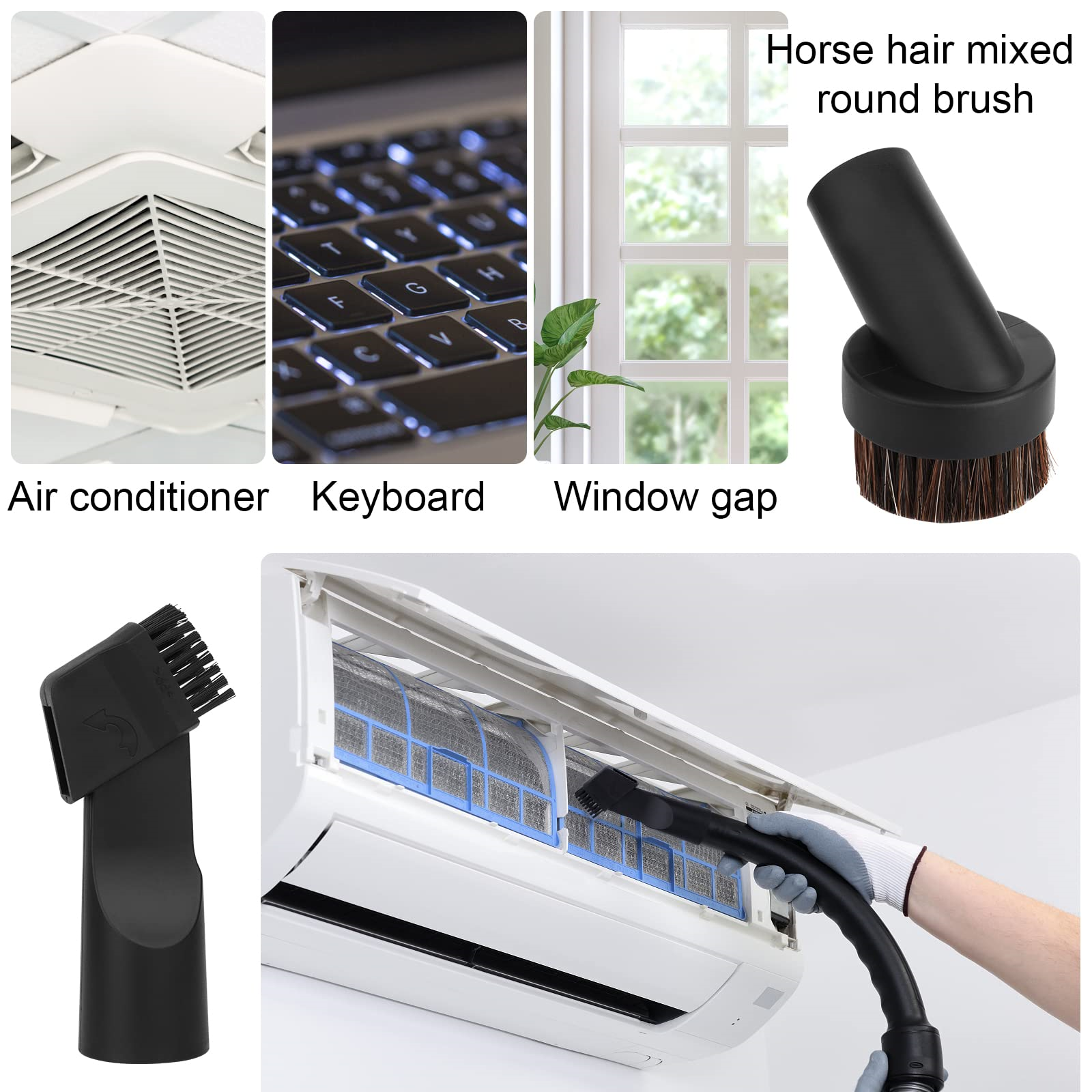 Bilder zeigen Klimaanlagenteile, Tastatur, Fensterspalt und Bürste.