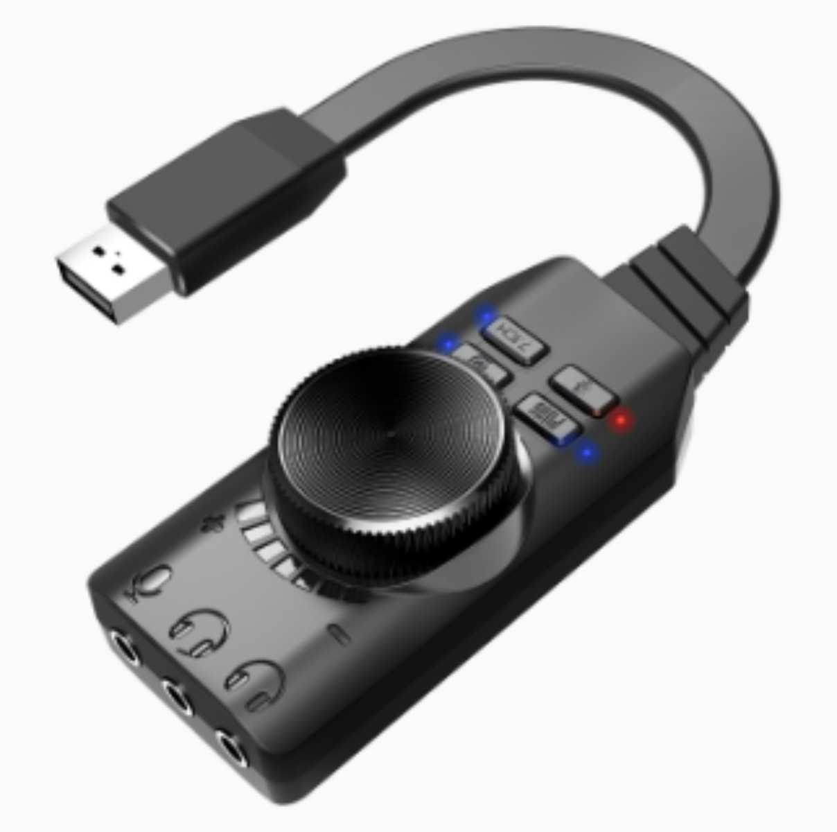 Schwarzes Audio-Interface mit USB, großem Drehregler und mehreren Ein-/Ausgängen. Blaue und rote Lichter.