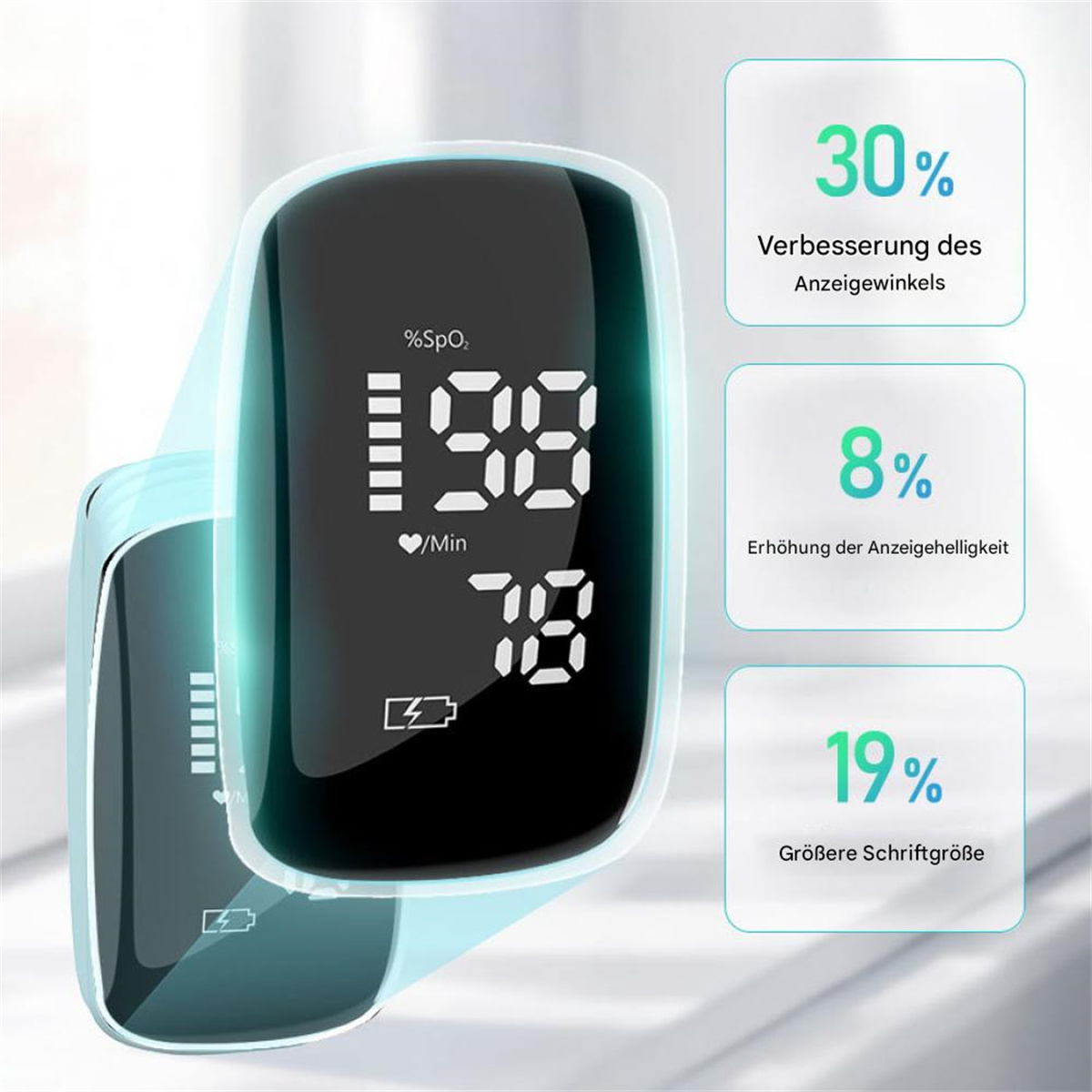 Pulsoximeter mit Display. Zahlen zeigen Sauerstoff und Puls. Text hebt Verbesserungsmerkmale hervor.