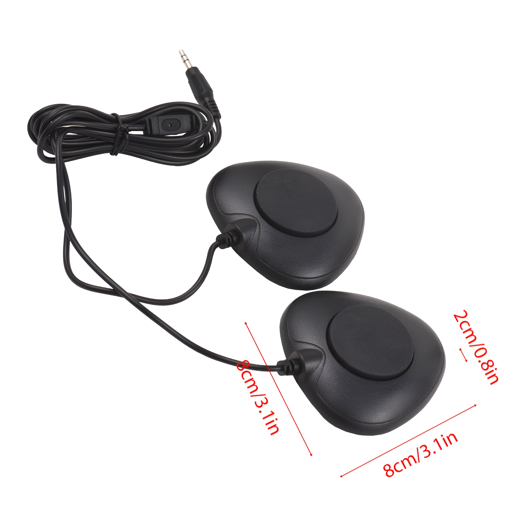 Zwei schwarze Ohrpolster mit Kabel und 3,5-mm-Klinke auf weißem Hintergrund.