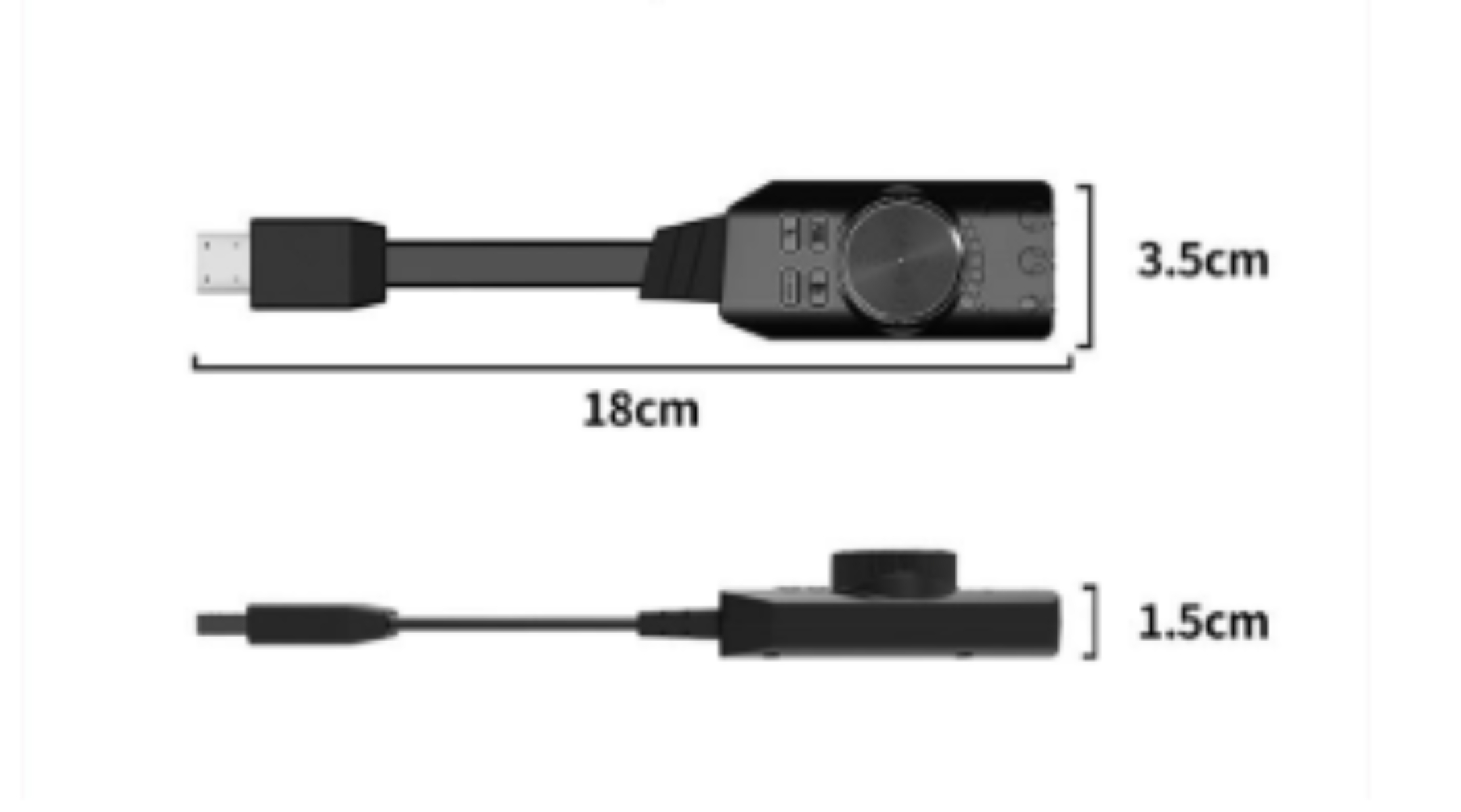 Schwarzes Gerät mit USB-C-Eingang und beschrifteten Abmessungen.