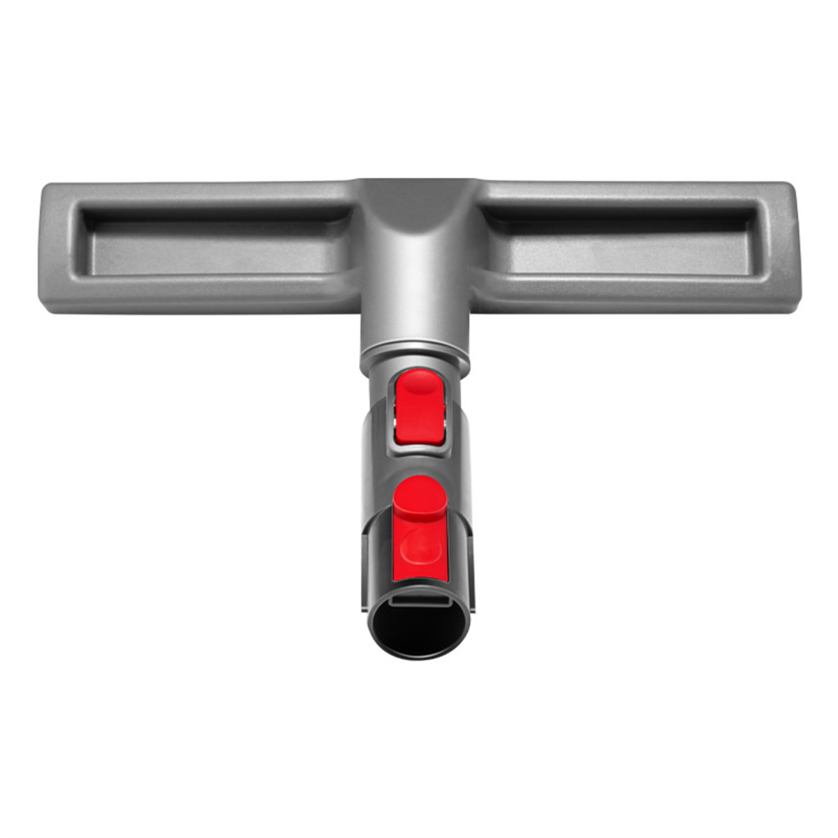 Ein grauer Staubsaugeraufsatz mit roten Knöpfen. Es hat ein T-förmiges Design.