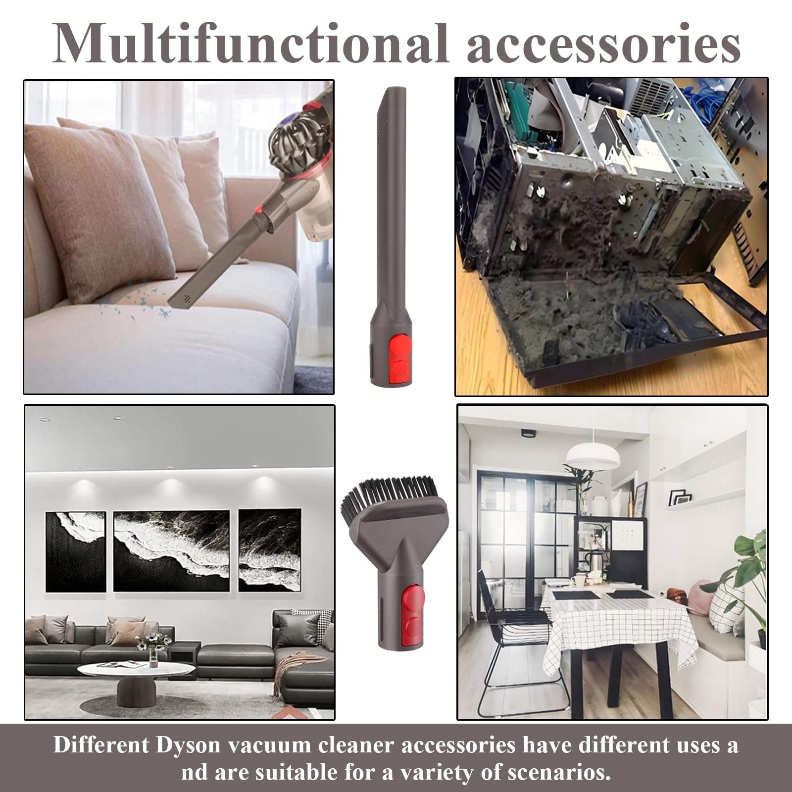 Dyson-Staubsaugerzubehör wird gezeigt. Ein Staubsauger wird auf einer Couch verwendet, und Zubehör wird angezeigt.