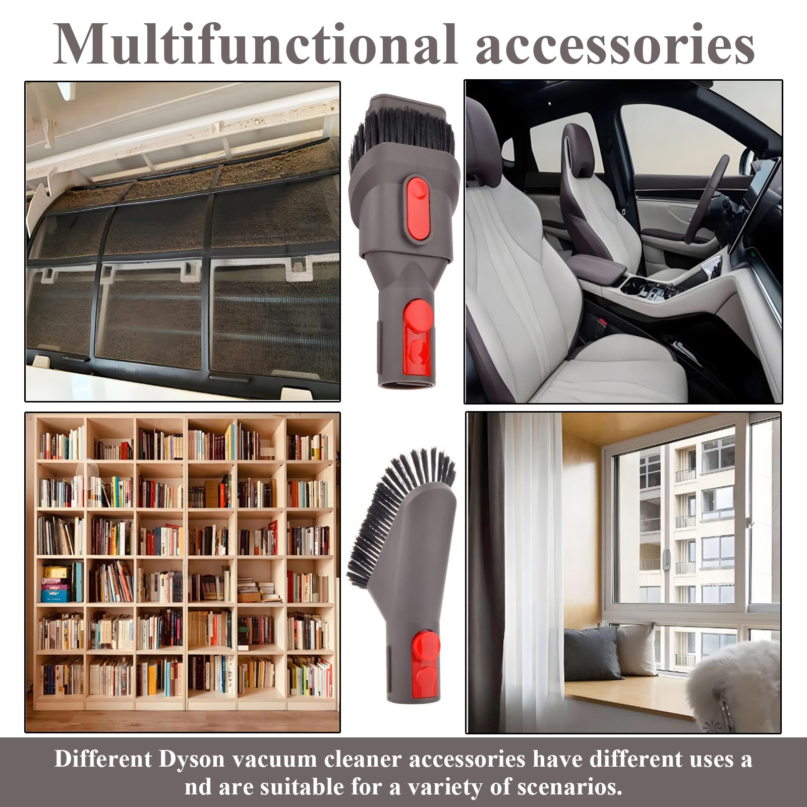 Bilder zeigen Dyson Staubsauger Zubehör. Enthält Bürstenköpfe, ein Autointerieur, ein Bücherregal und eine Luftöffnung.