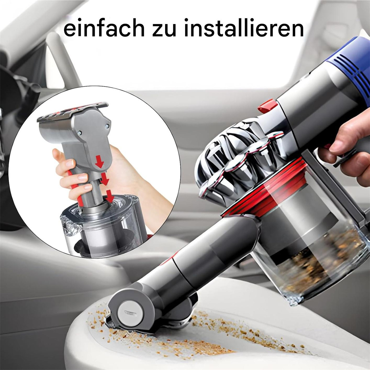 Eine Person reinigt einen Autoinnenraum mit einem Staubsauger. Der Reiniger ist grau und rot.