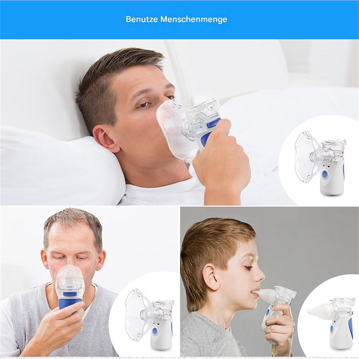 Ein Mann und ein Junge benutzen einen Vernebler. Andere Bilder zeigen das Verneblergerät.