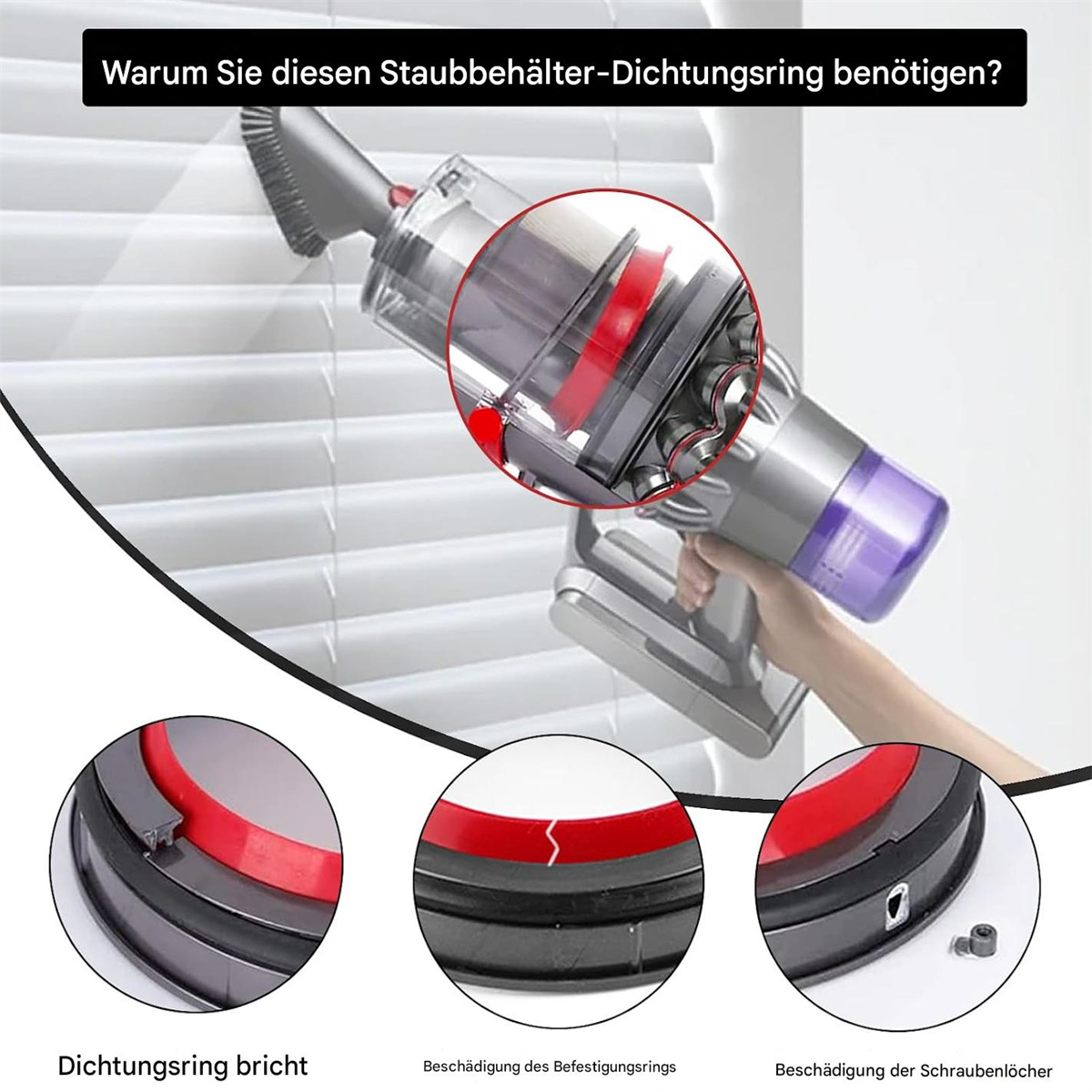 Ein Staubsauger und seine Teile werden im Nahaufnahme gezeigt.