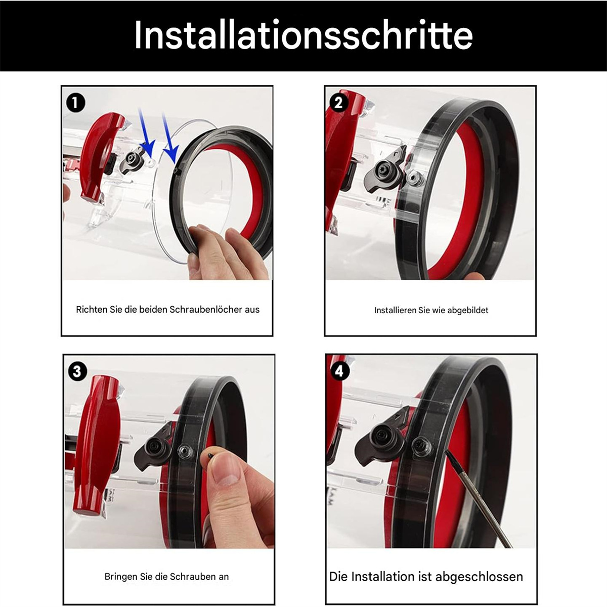 Vier Bilder, die die Installationsschritte eines Teils zeigen. Pfeile und eine Hand sind sichtbar.