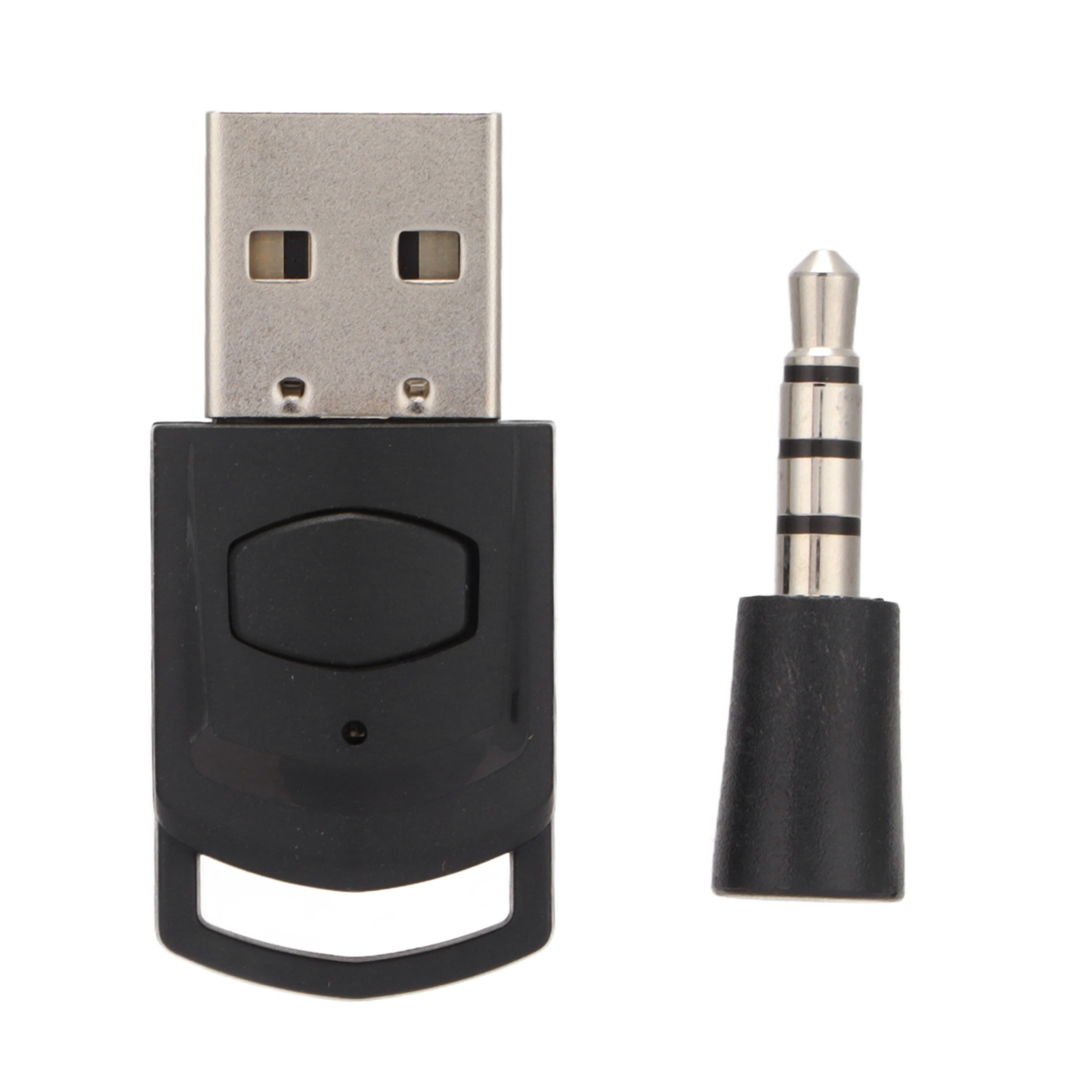 Schwarzer USB-Adapter und ein 3,5-mm-Klinkenadapter, beide auf weißem Hintergrund.