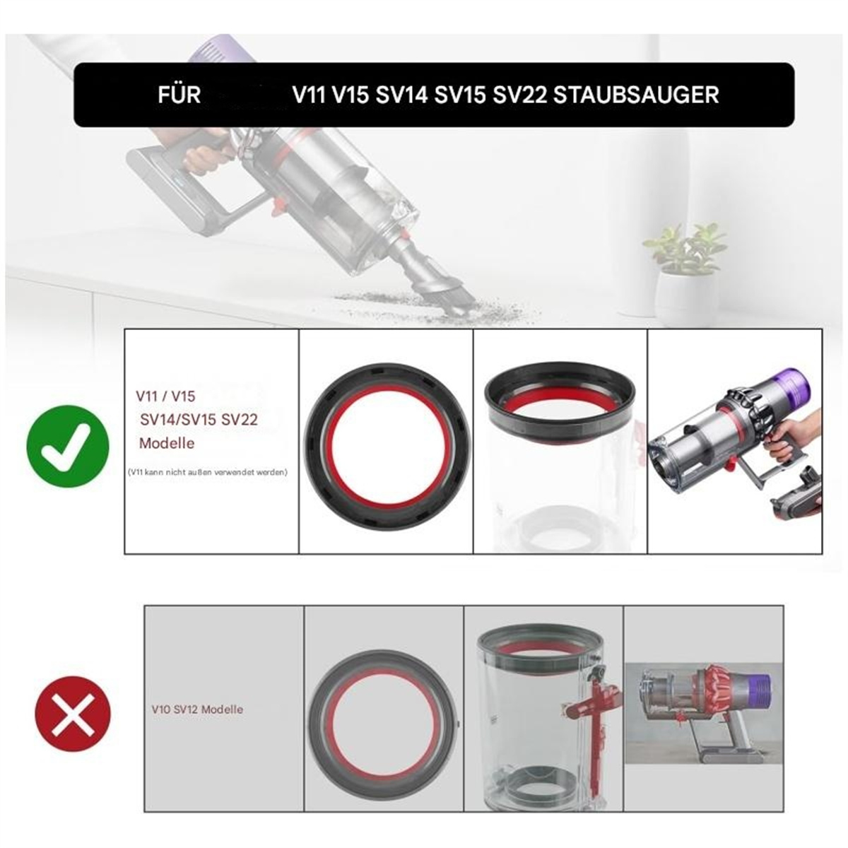 Staubsaugerteile, gekennzeichnet für V11/V15/SV22 und V10/SV12 Modelle, mit Häkchen und Kreuzen.