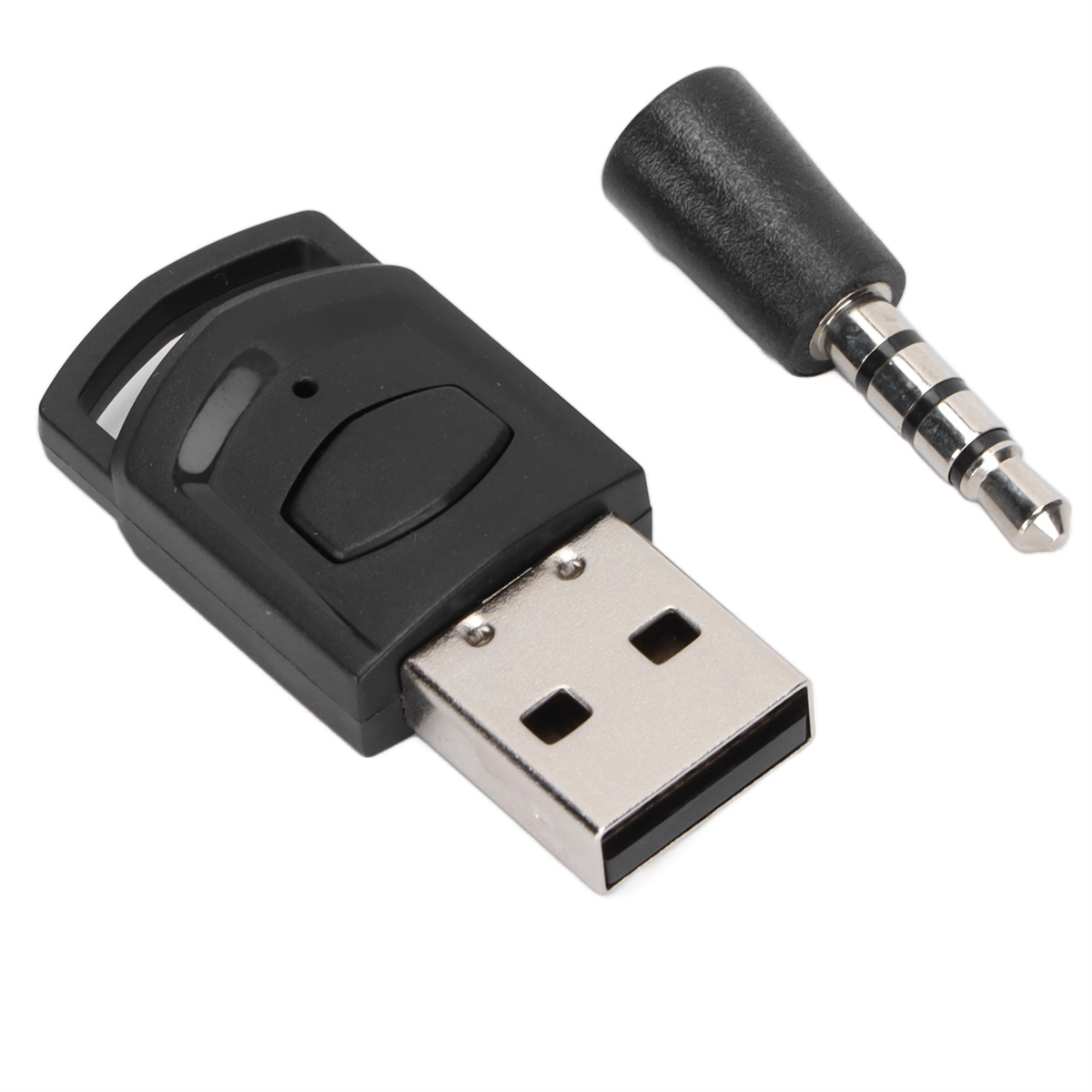 Ein schwarzer USB-Bluetooth-Adapter und ein 3,5-mm-auf-USB-C-Adapter.