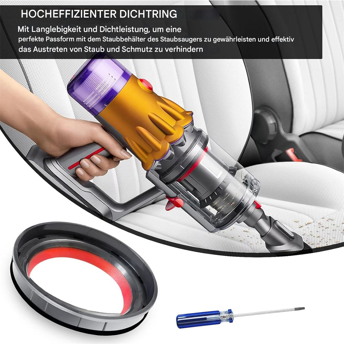 Ein Staubsauger mit Teilen. Zeigt einen Filter und einen Schraubendreher. Text besagt hocheffizient.