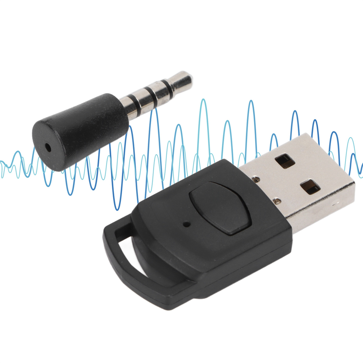 Schwarzer Audioadapter mit USB-Anschluss und 3,5-mm-Klinke.