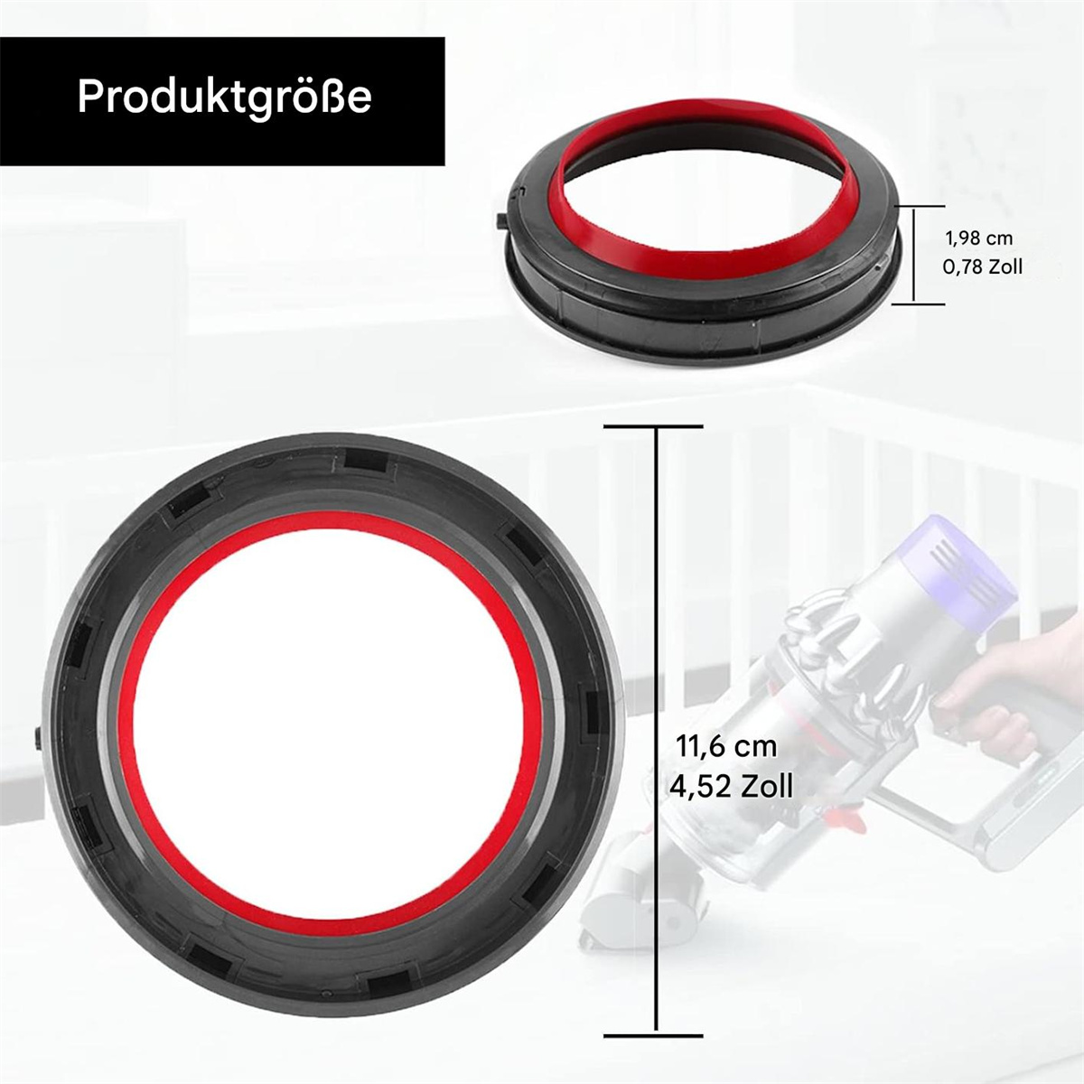 Schwarz-rote Staubsaugerteile, mit Größenangaben.