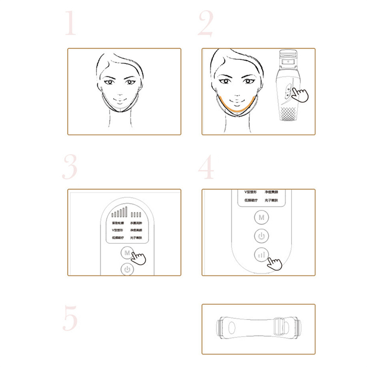 Ein Diagramm, das Schritte für ein Gesichtsbehandlungsgerät illustriert, mit Illustrationen eines Frauen-Gesichts und des Geräts.