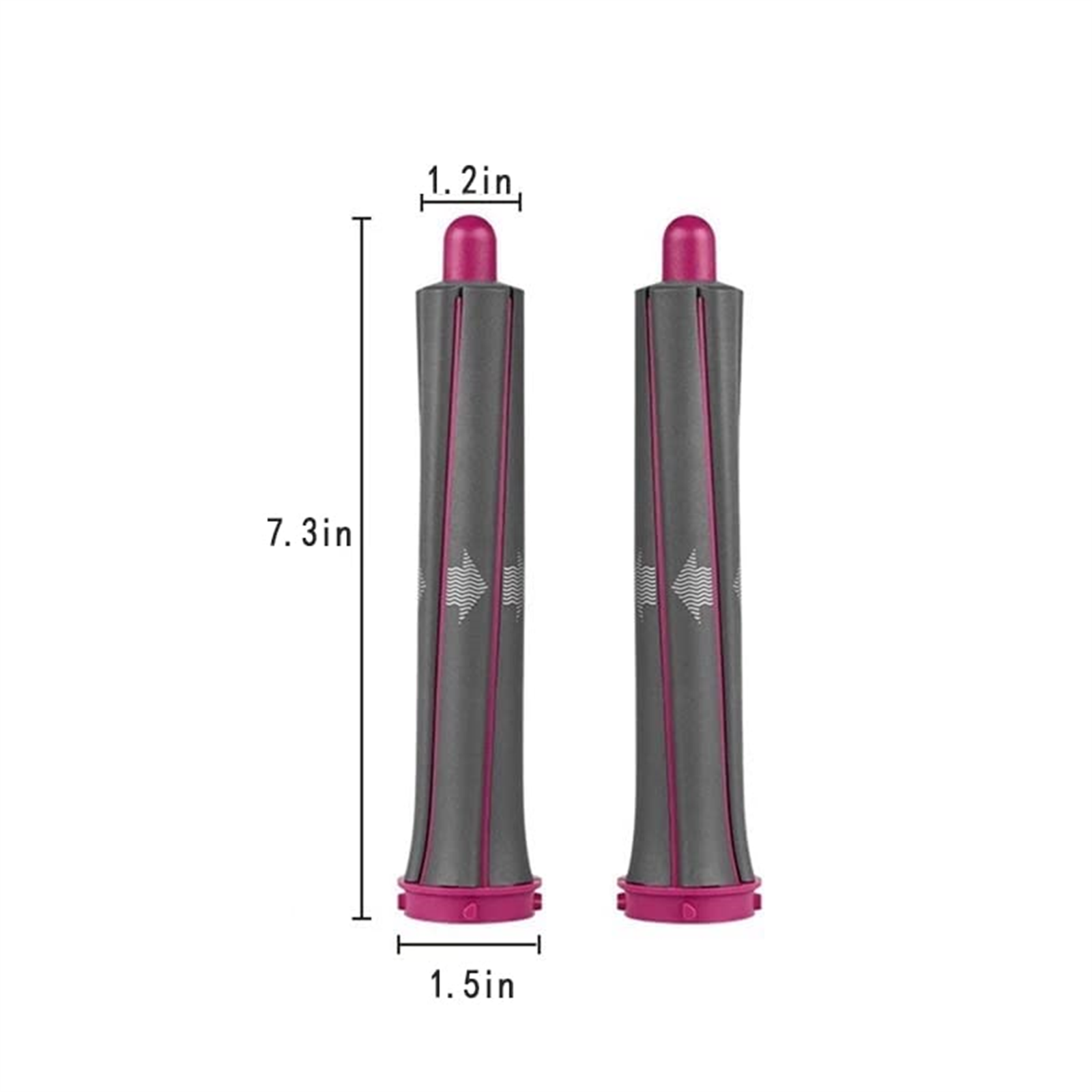 Zwei graue und rosa Haarroller mit Maßen. 1,2 Zoll Breite, 7,3 Zoll Höhe und 1,5 Zoll Basis.