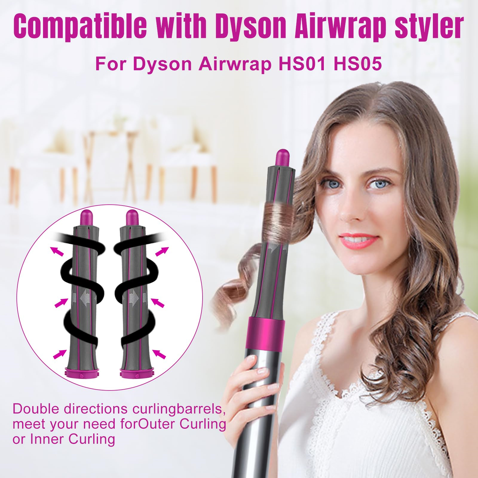 Eine Frau mit einem Dyson Airwrap Styler, der Lockenaufsätze zeigt, Text auf Englisch.