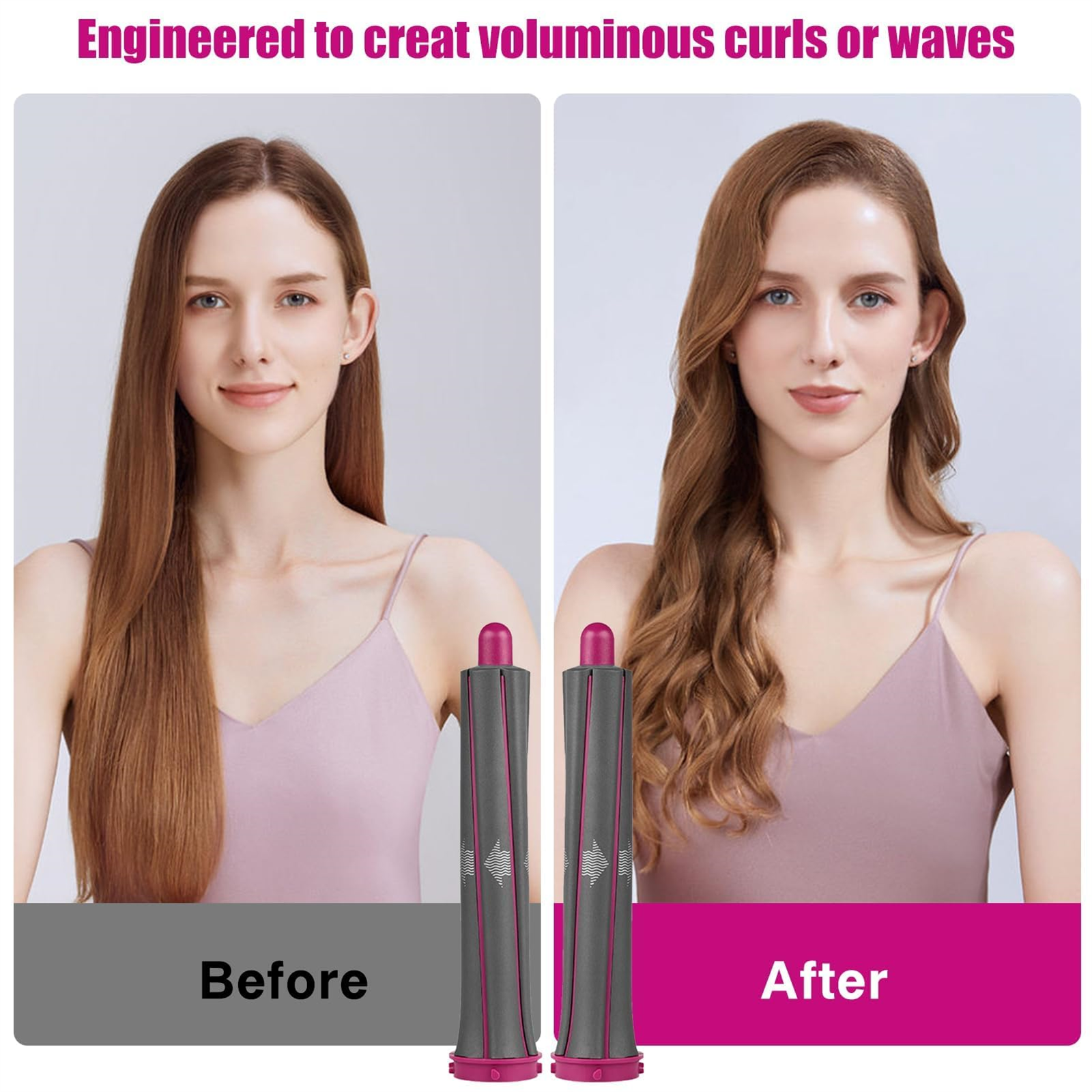 Zwei Frauen. Eine mit glattem Haar, die andere mit welligem Haar. Haarstyling-Tools in der Mitte.