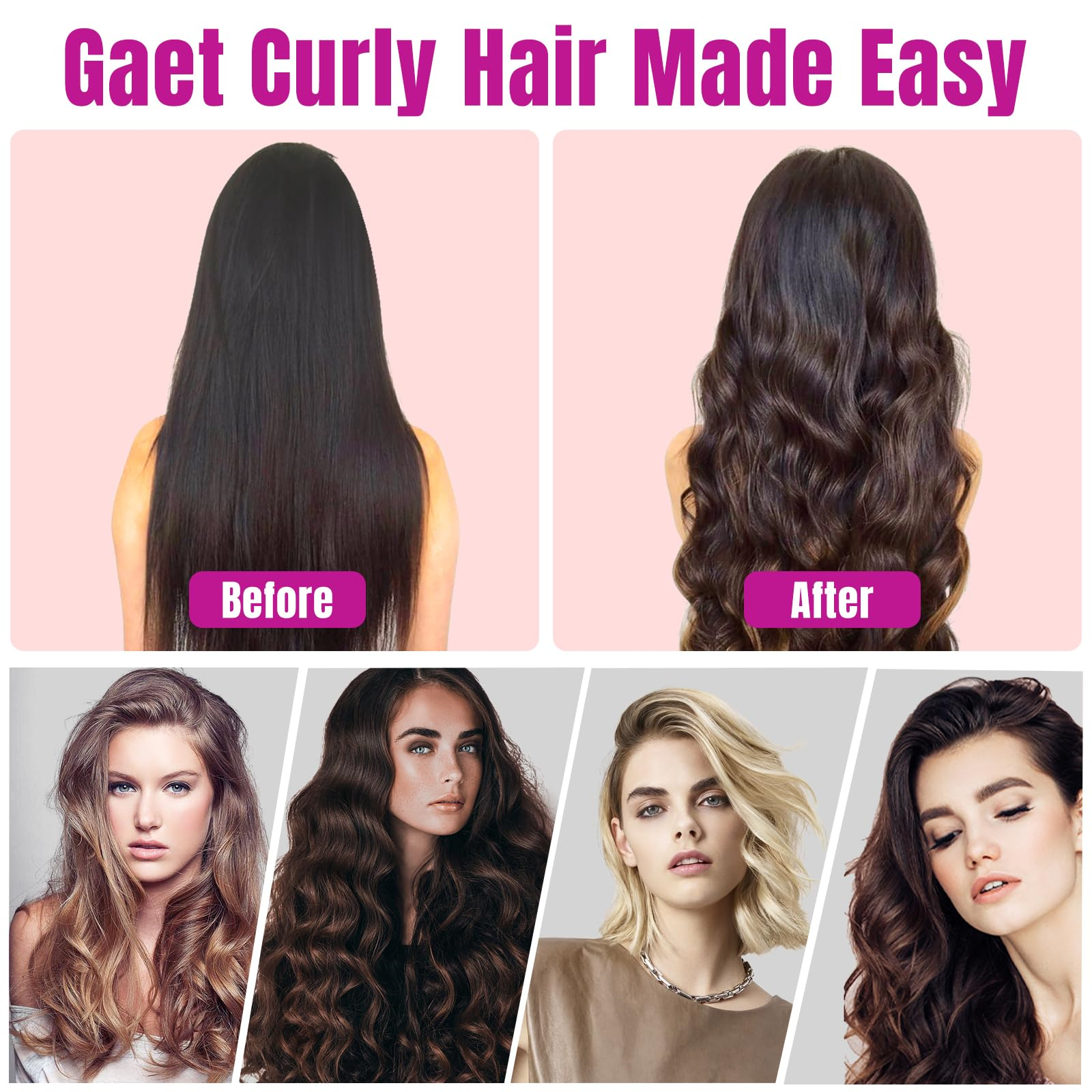 Ein Vorher-Nachher-Bild, das glattes Haar in lockiges Haar und Frauen mit lockigem Haar zeigt.