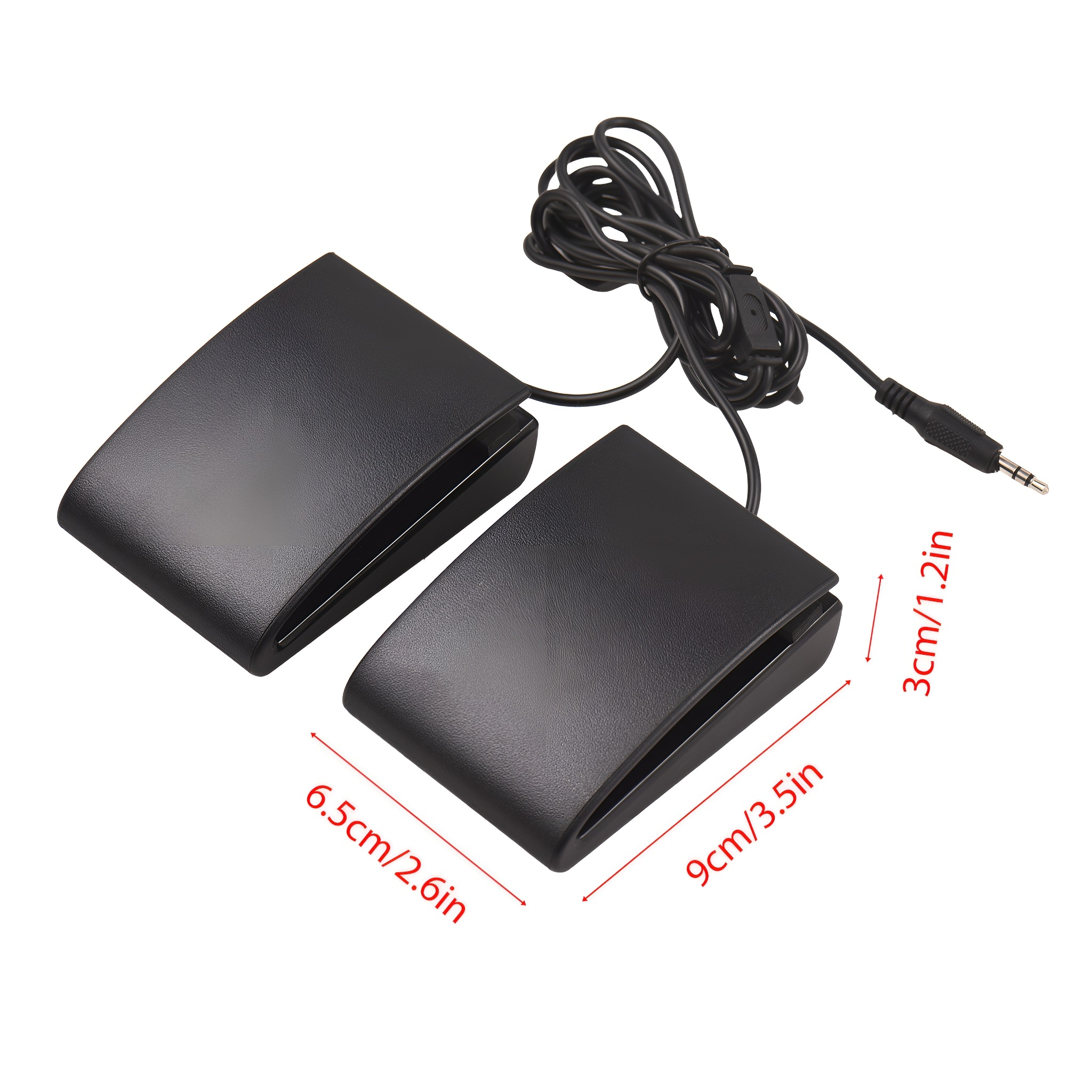 Zwei schwarze Computerlautsprecher mit Kabel, rechteckige Form und Maße in Zoll.