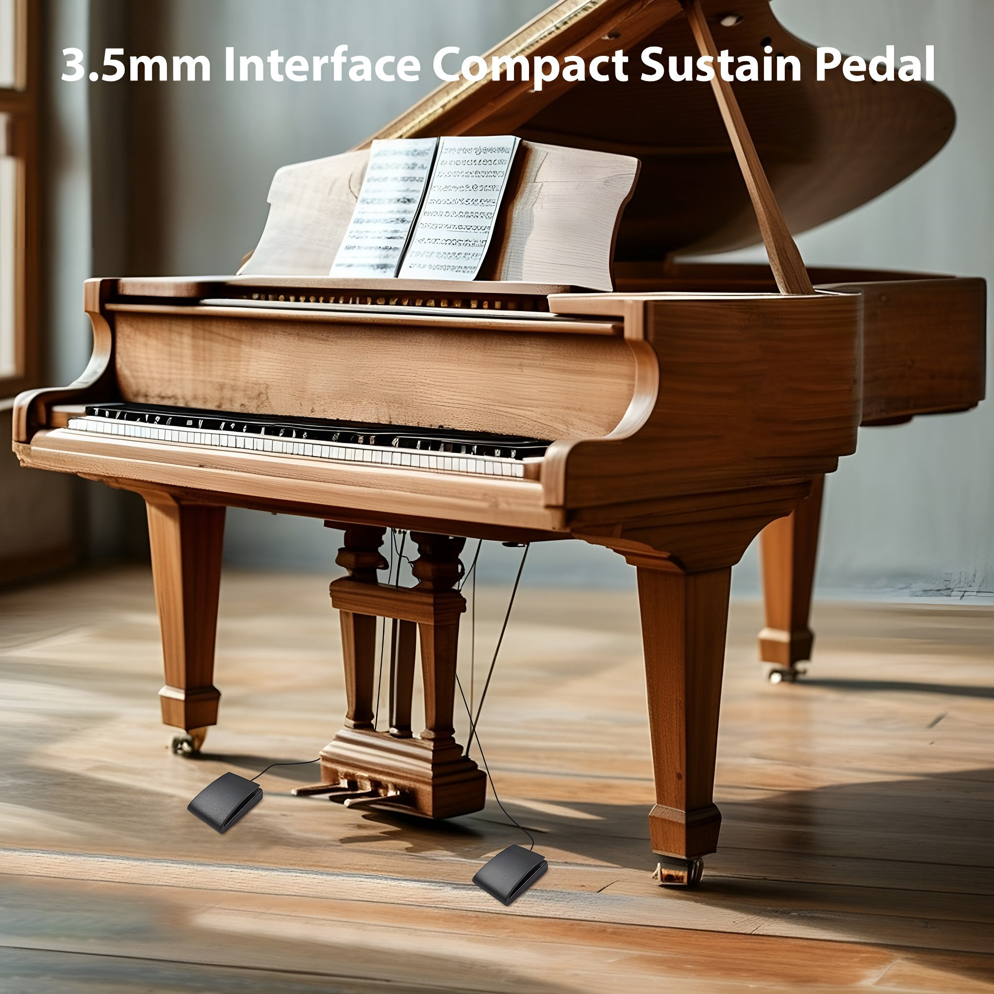 Ein hölzernes Klavier mit Pedalen und einem Notenständer. Ein kompaktes Sustain-Pedal befindet sich vor dem Klavier.