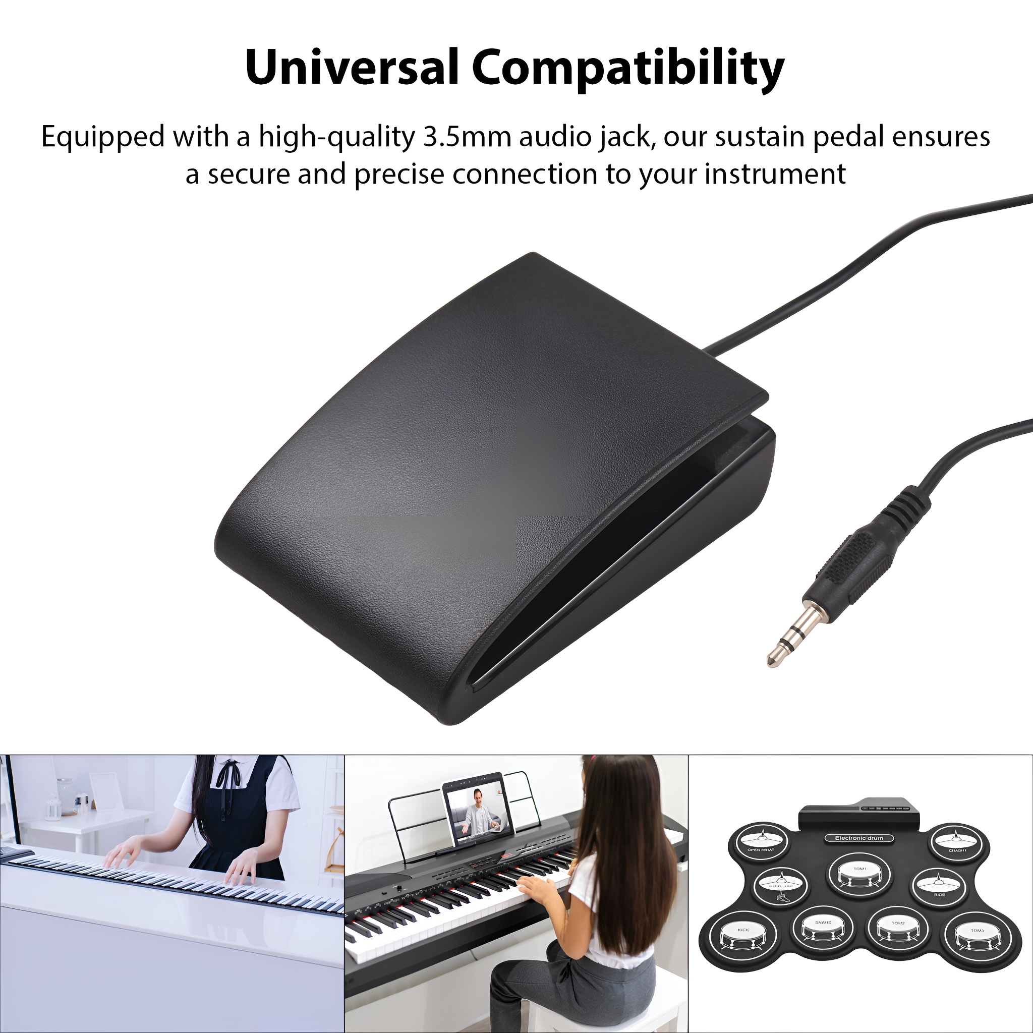 Ein schwarzes Sustain-Pedal mit 3,5-mm-Klinke im Vordergrund. Unten spielen Leute Klavier und Schlagzeug.