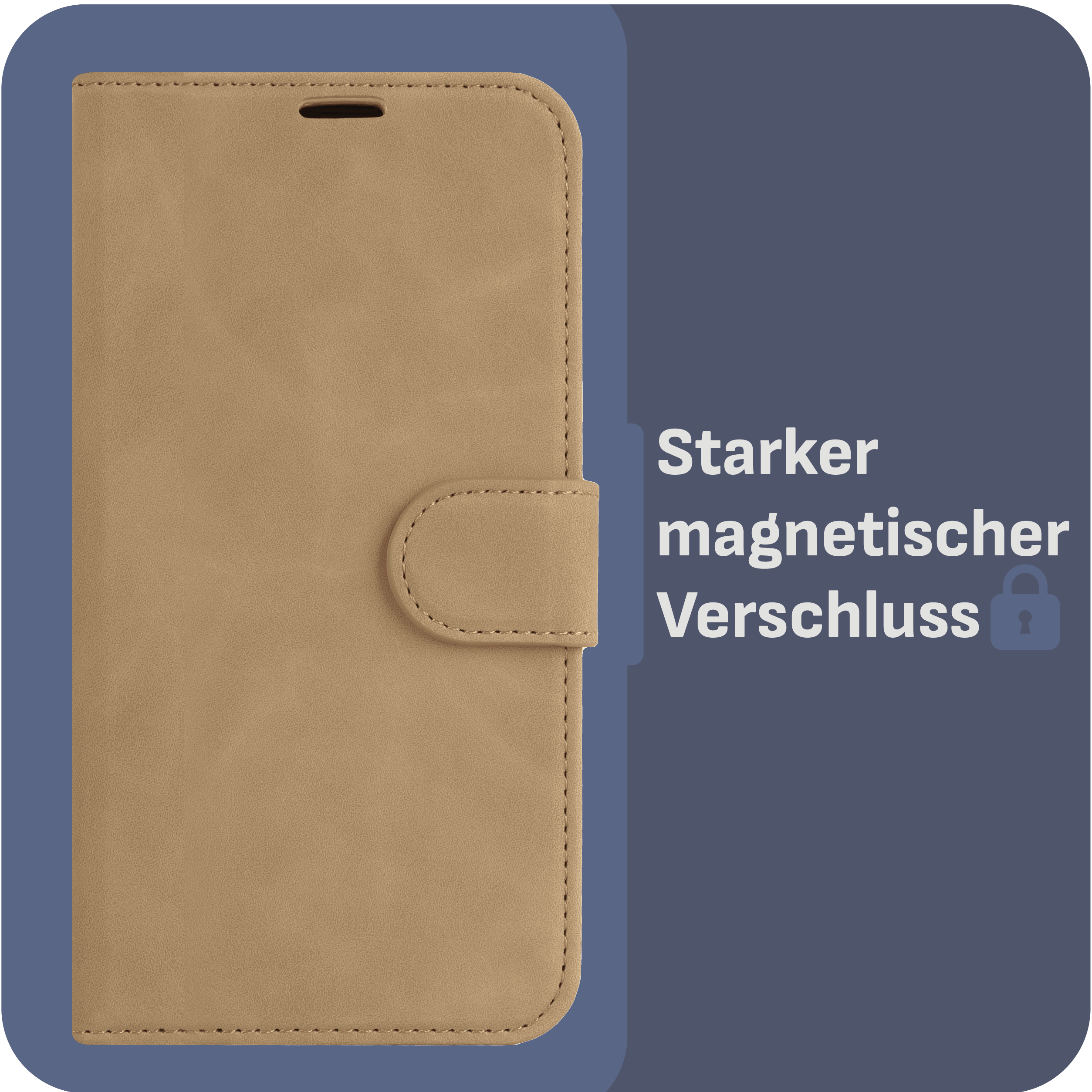 Geschlossene hellbraune Handyhülle mit Magnetverschluss auf marineblauem Hintergrund. Text: Starker Magnetverschluss.