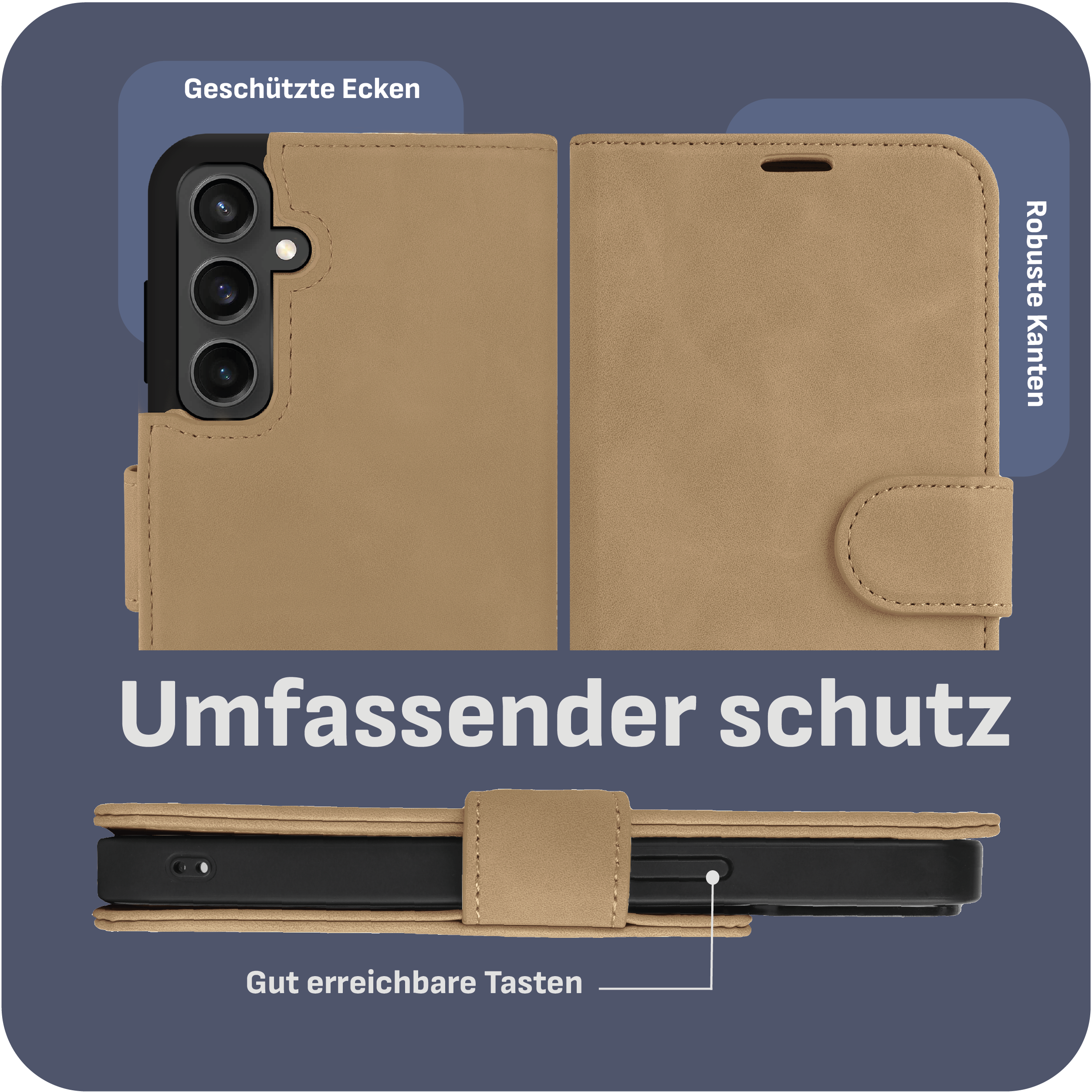 Hellbraune Handyhülle mit Illustrationen offen und geschlossen, mit Text.