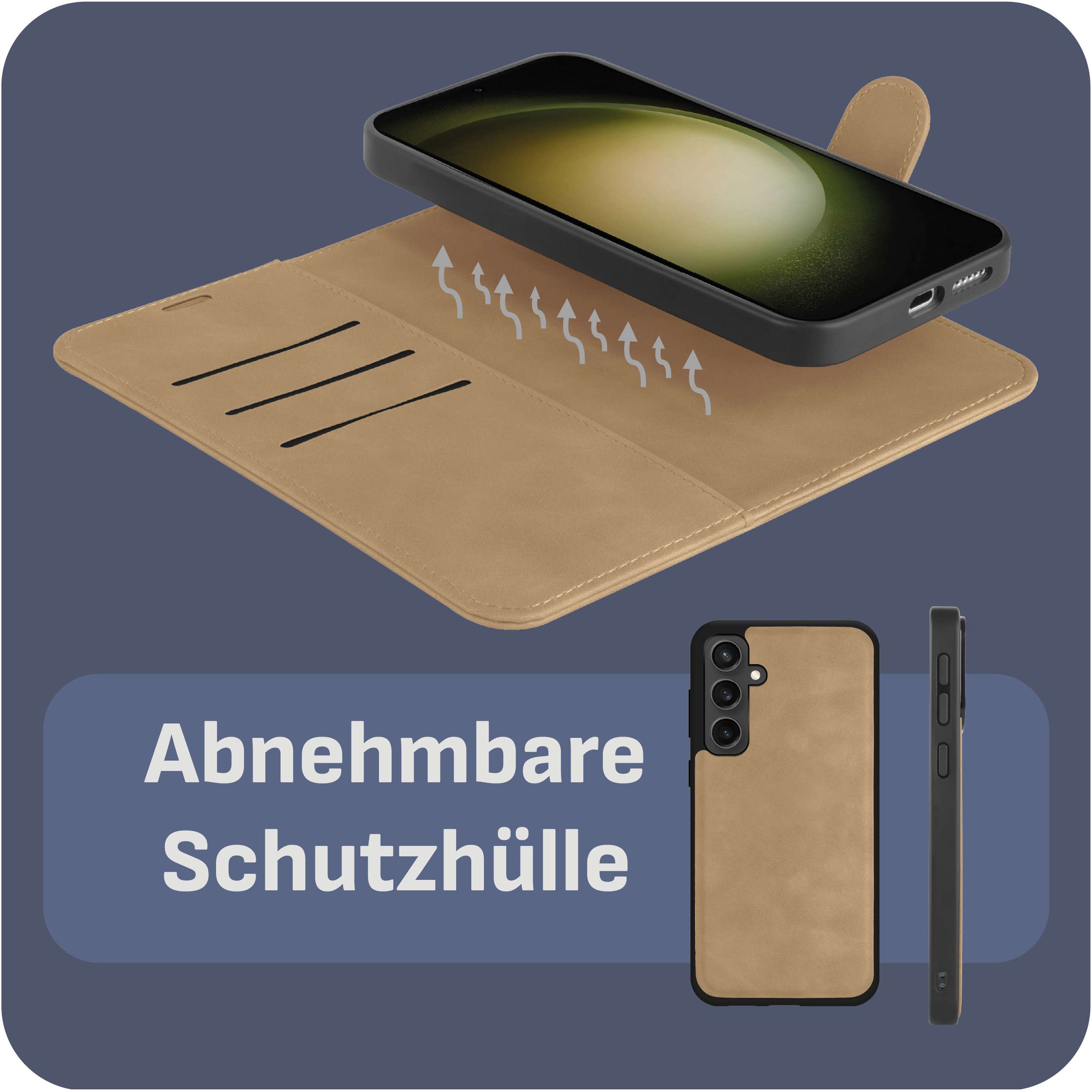 Eine Handyhülle mit Telefon. Die Hülle ist braun und hat einen abnehmbaren Teil.