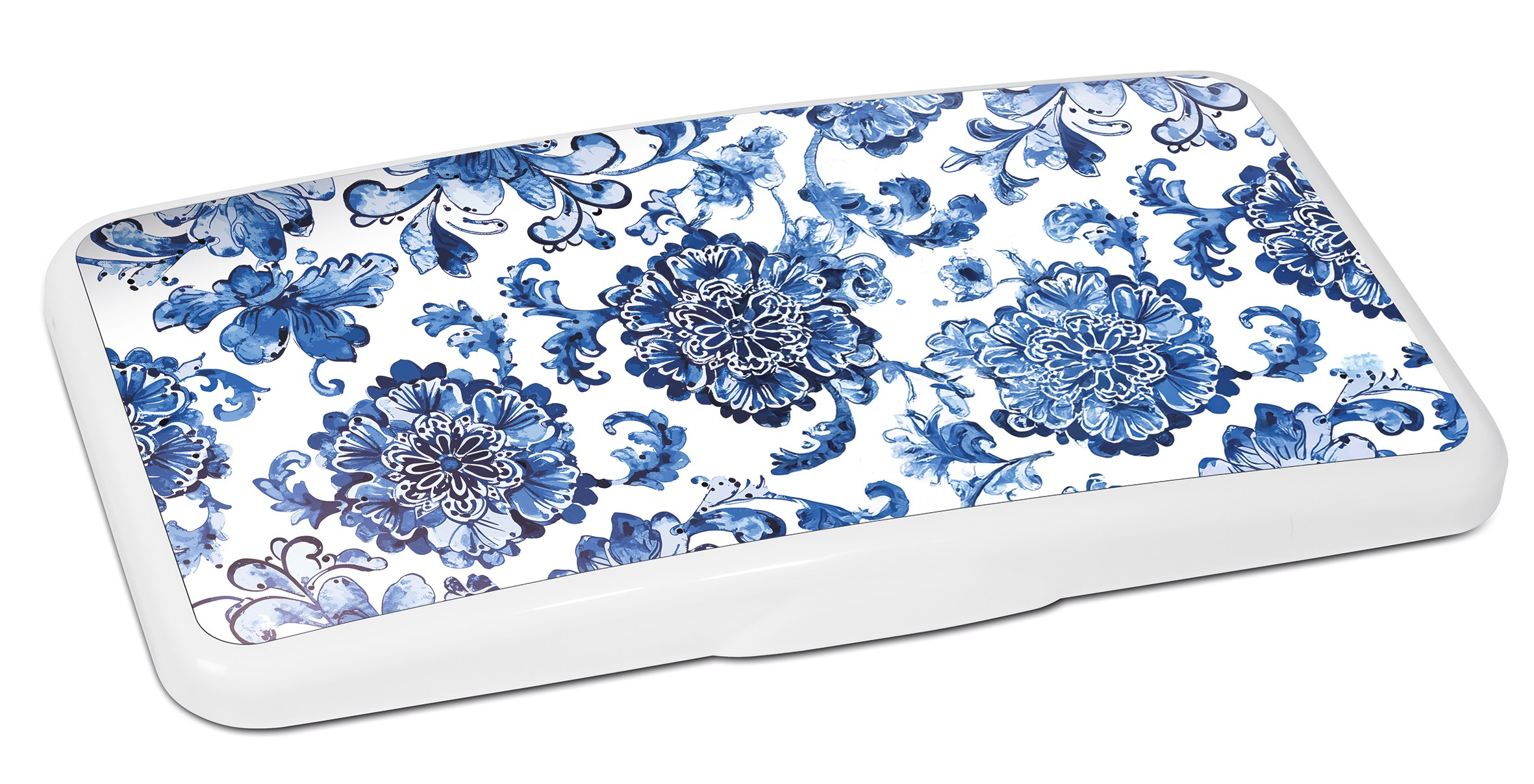 Custodia bianca con design floreale in tonalità blu.