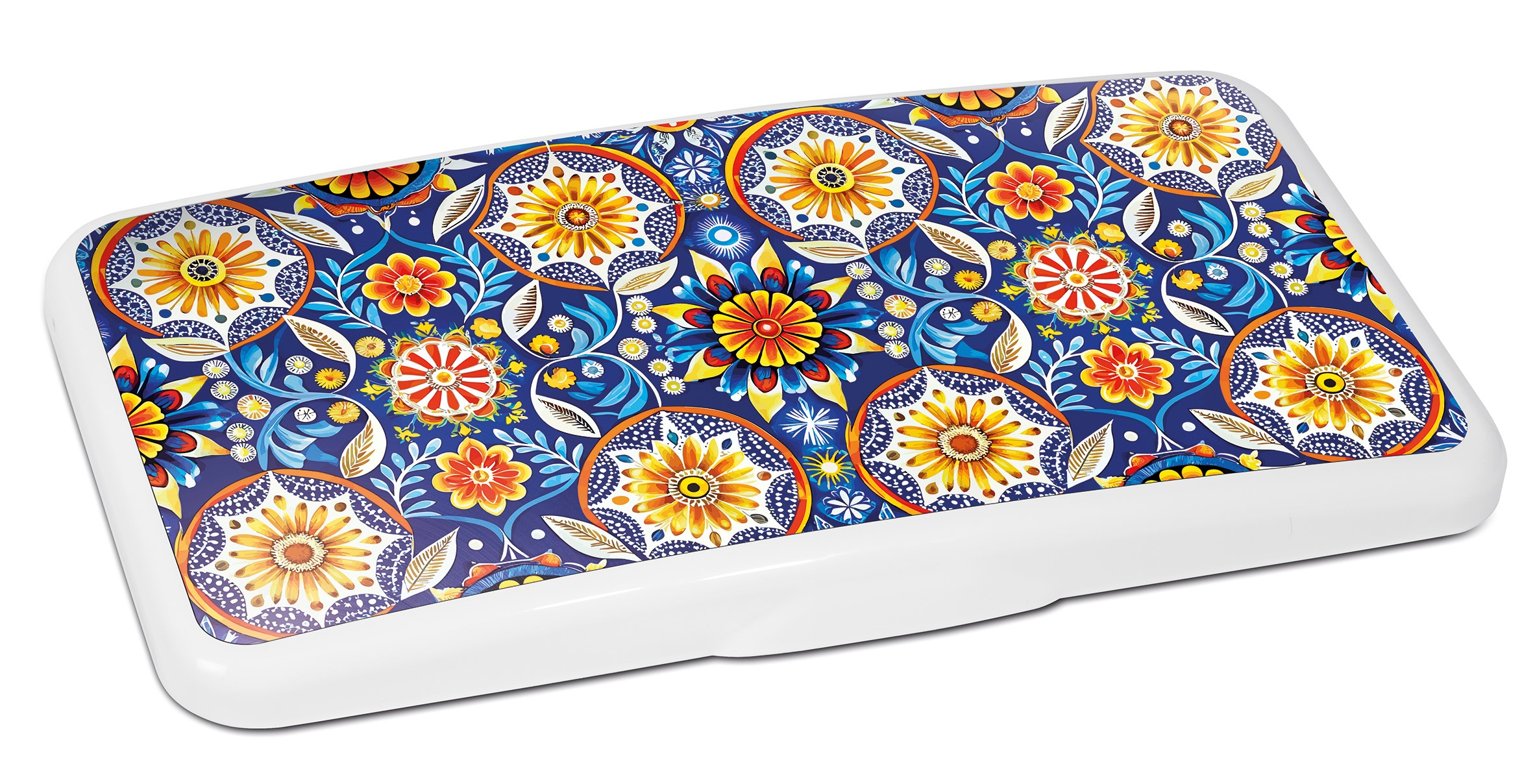 Vassoio bianco con motivo floreale. Il motivo include fiori blu, gialli e arancioni.